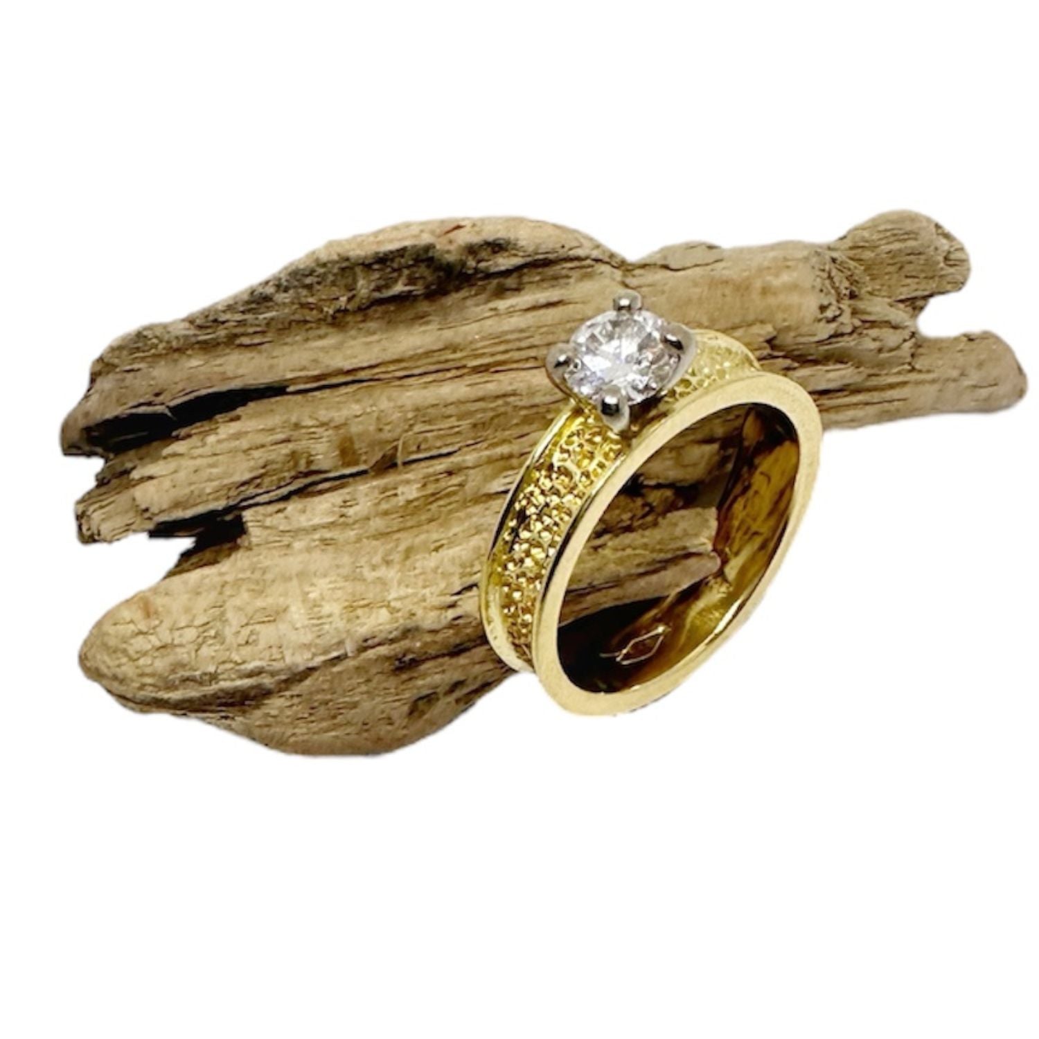 Side view of 18ct recycled yellow gold diamond band ring – 4.55mm wide, textured lost wax carved band, one of a kind, part of the Ancient Relics Collection by Tg-Jewellery