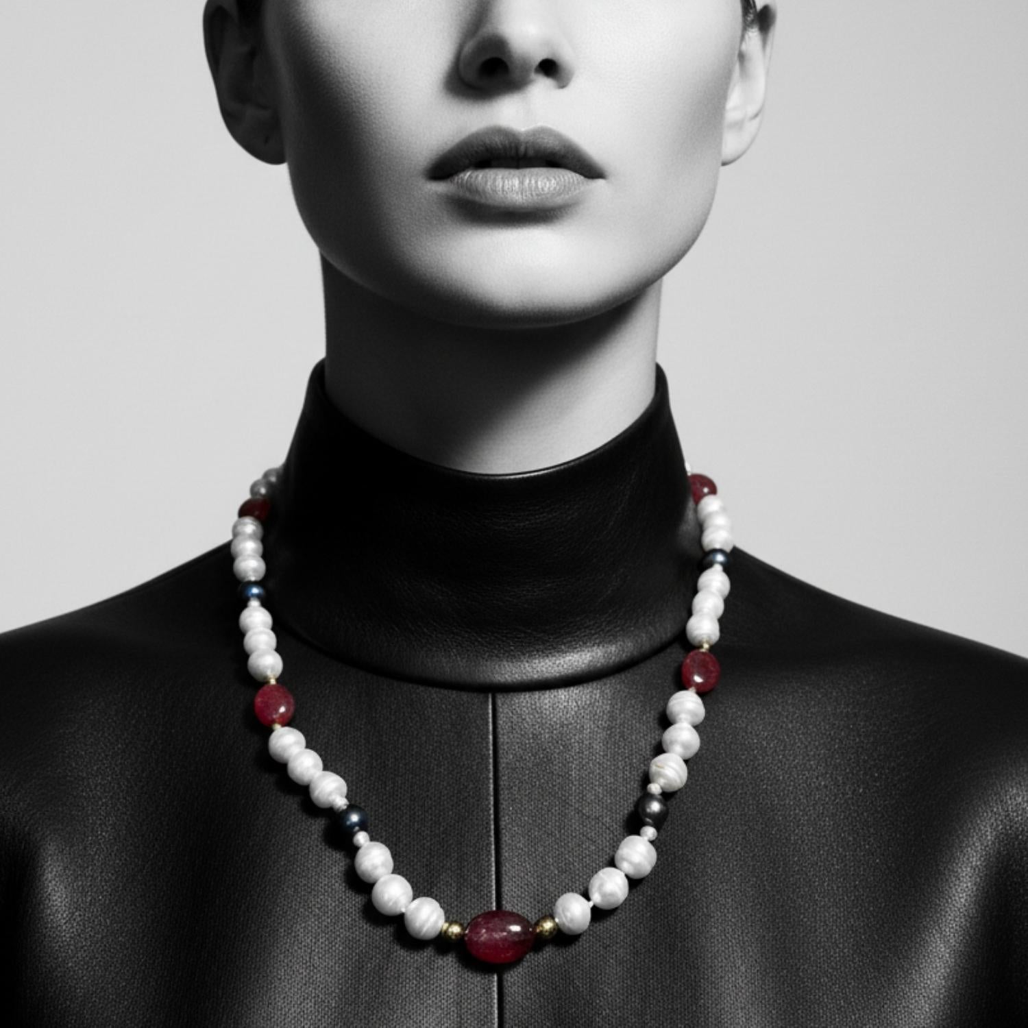 18ct Yellow Gold Pearl & Ruby Necklace on Model | Hand-Knotted Silk - Tg-Jewellery By Tamara Gervasio