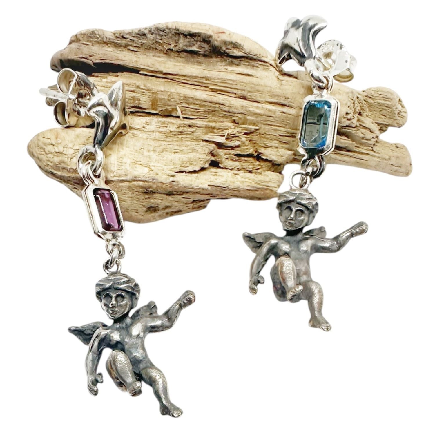 One of A Kind Ancient Cherub Earrings in Sterling Silver with Amethyst & Aquamarine - Tg-Jewellery By Tamara Gervasio