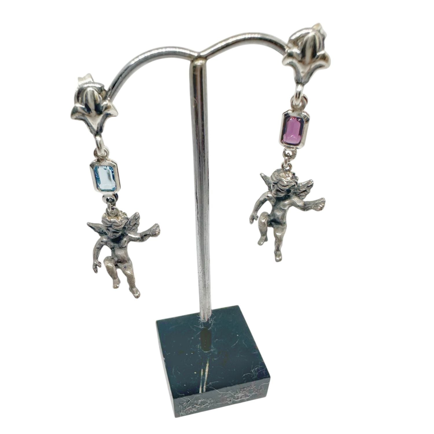 One of A Kind Ancient Cherub Earrings in Sterling Silver with Amethyst & Aquamarine - Tg-Jewellery By Tamara Gervasio