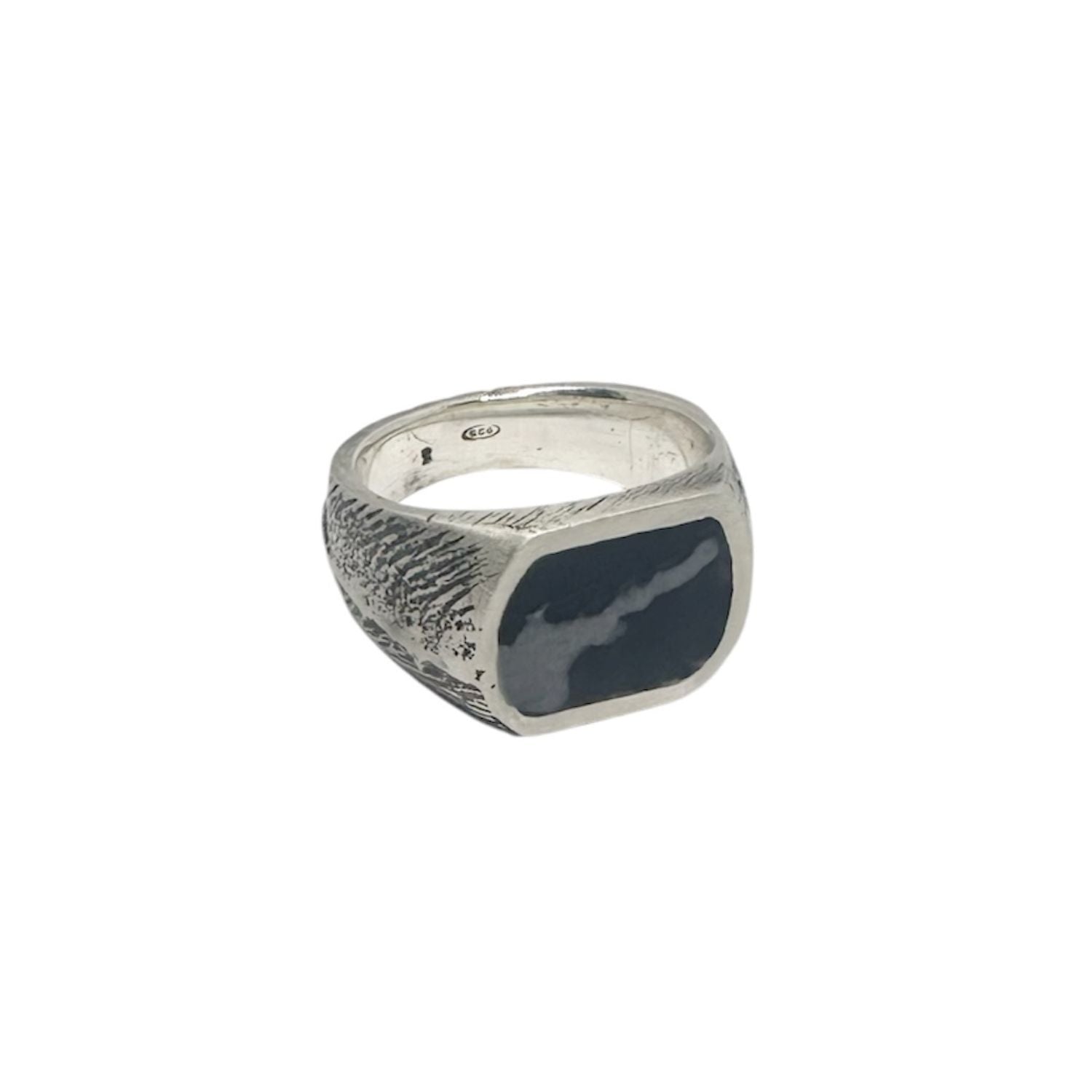 Black Trace Signet Ring with Ceramic Enamel — Recycled Sterling Silver 925