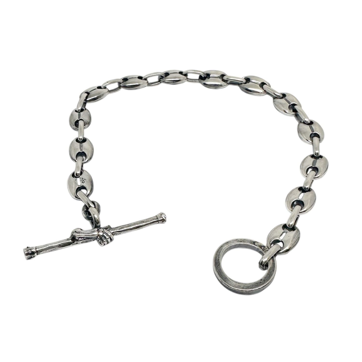 Sterling silver 925 anchor link bracelet with skull hand T-bar clasp open, showing clasp detail – Tg-Jewellery by Tamara Gervasio