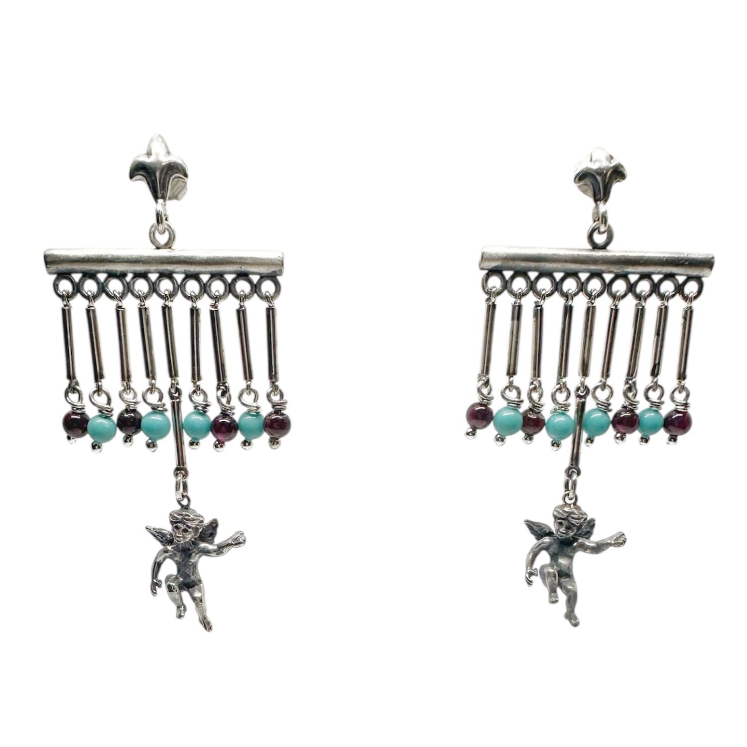 Cherub Chandelier Earrings in Sterling Silver 925 with Garnet and Turquoise — Front View — Handmade by Tamara Gervasio