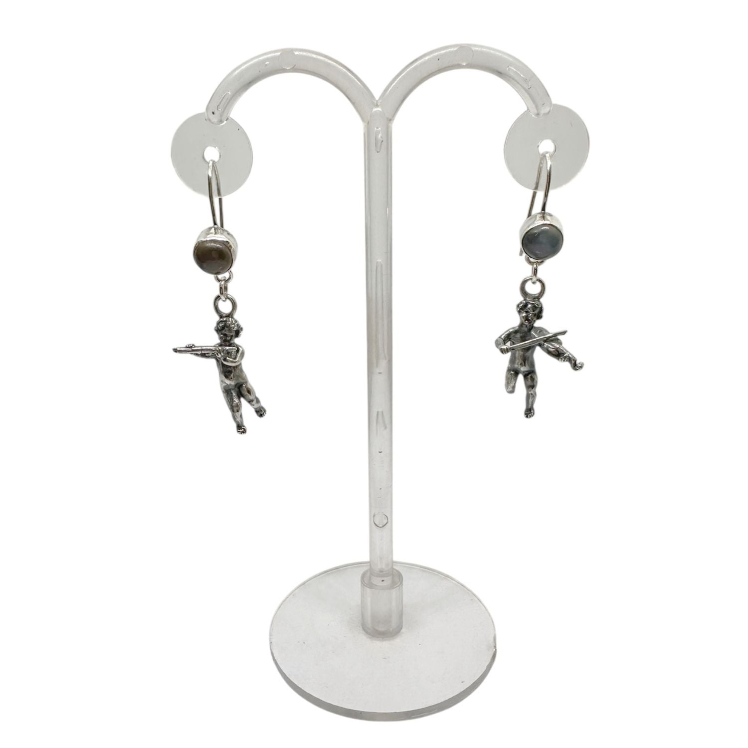 Violin and Flute Cherub Earrings in Sterling Silver 925 — Hand-Carved Cherub Detail with Grey Cat's Eye Gemstone — One of a Kind — Handmade by Tamara Gervasio