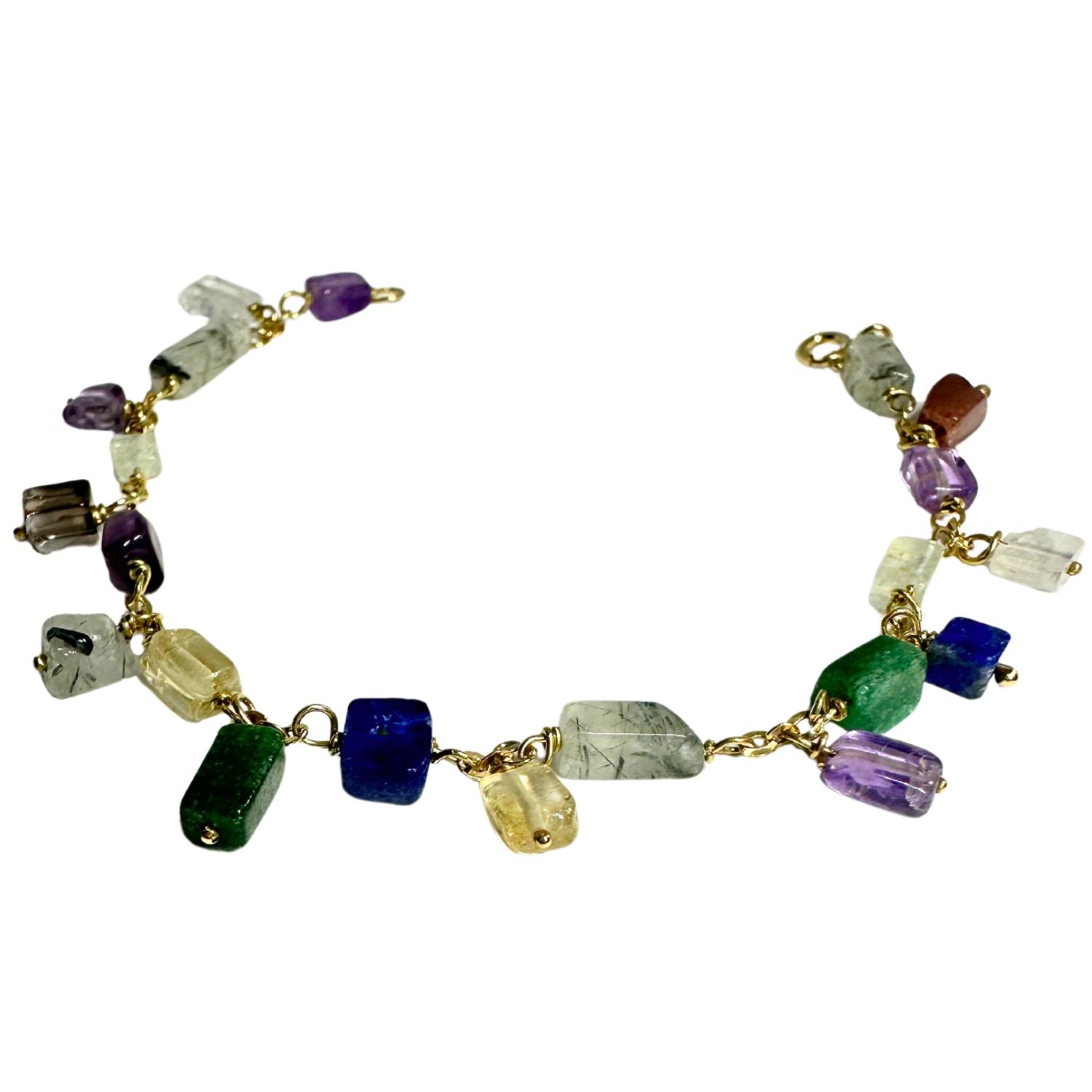 Close-up of multicoloured natural gemstone dangles on 18ct recycled yellow gold bracelet — vibrant colour variation, 21 stones - Tg-Jewellery By Tamara Gervasio