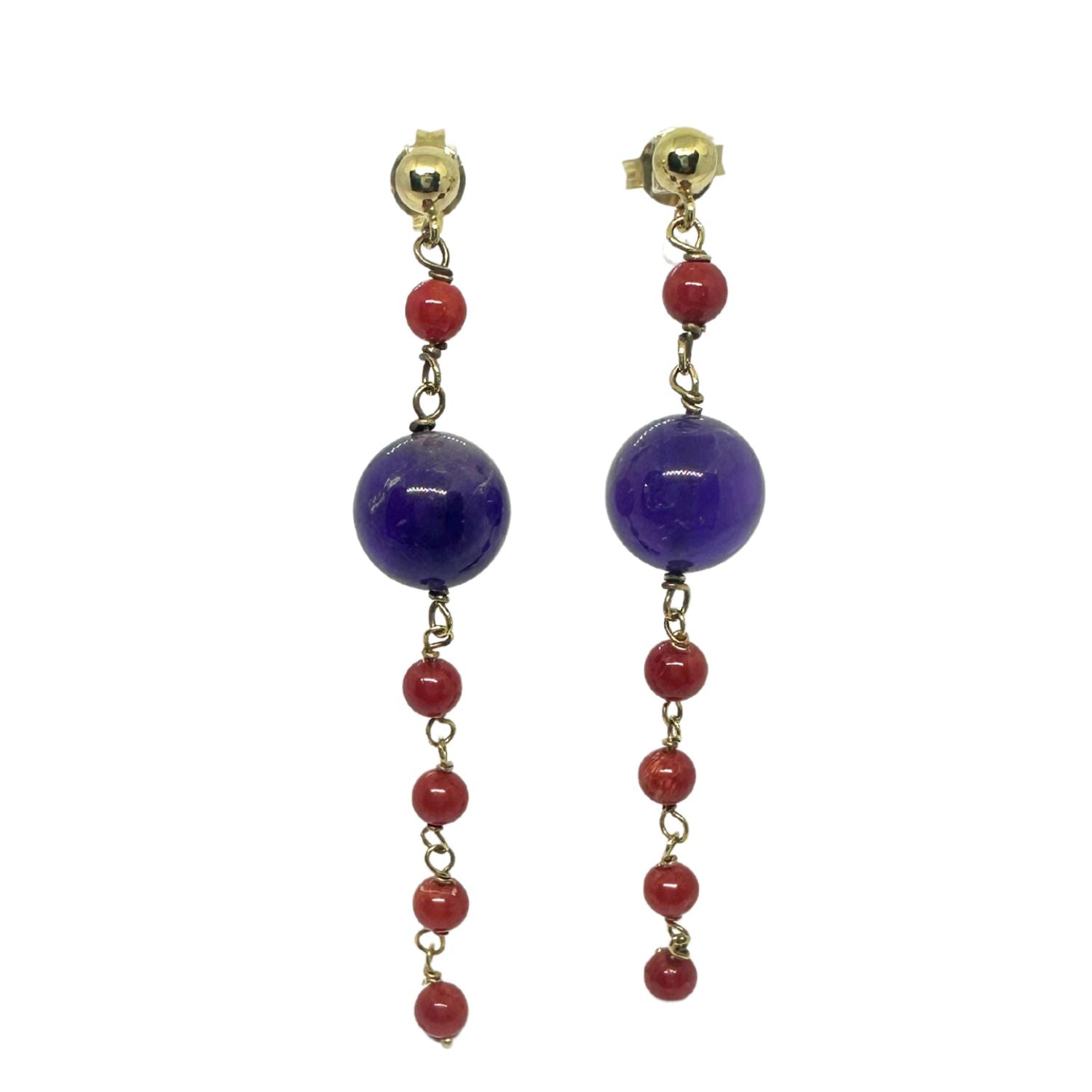 One of a kind 18ct recycled yellow gold dangle earrings with natural coral and amethyst beads – handcrafted by Tamara Gervasio, Tg-Jewellery Cornwall