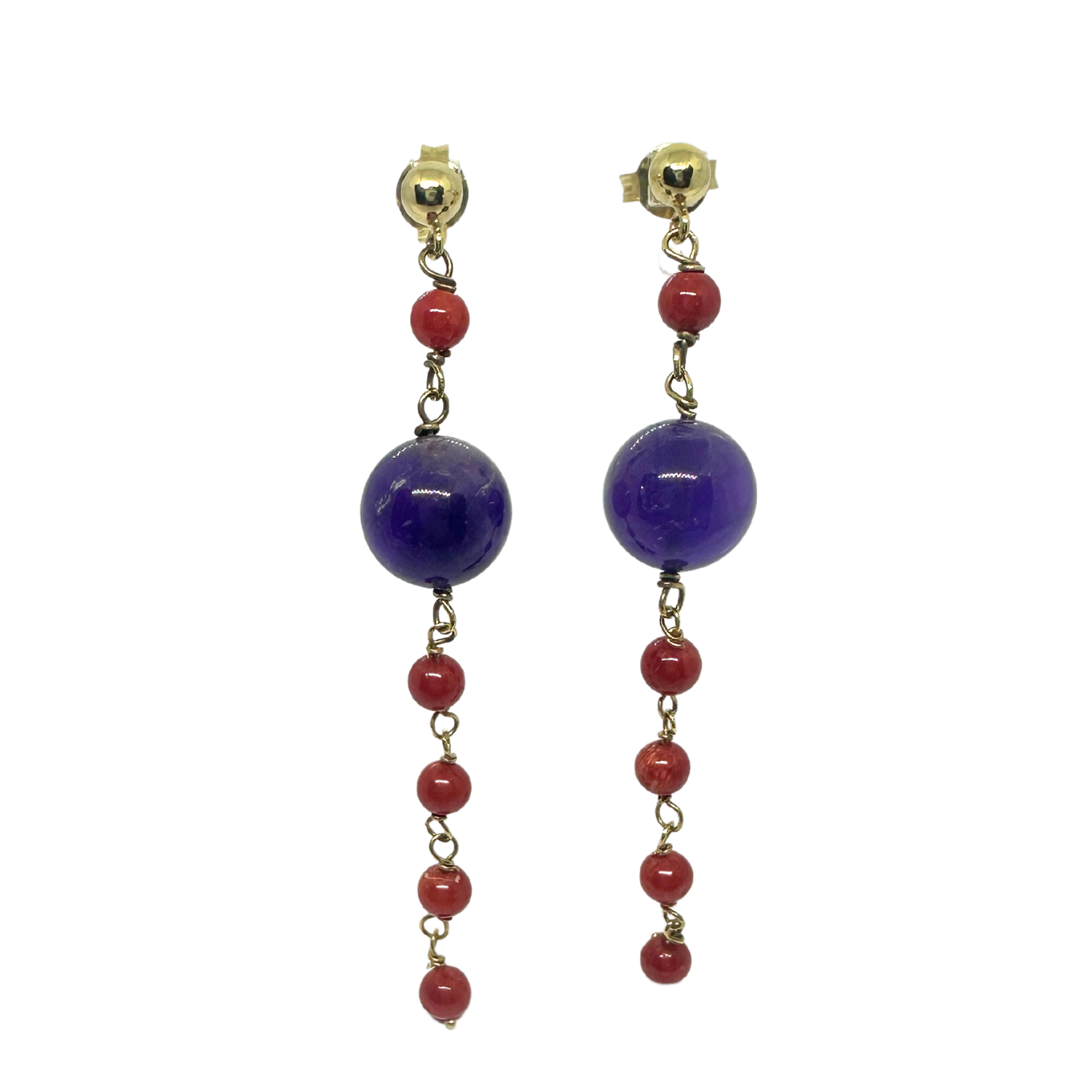 One of a kind 18ct recycled yellow gold dangle earrings with natural coral and amethyst beads – handcrafted by Tamara Gervasio, Tg-Jewellery Cornwall