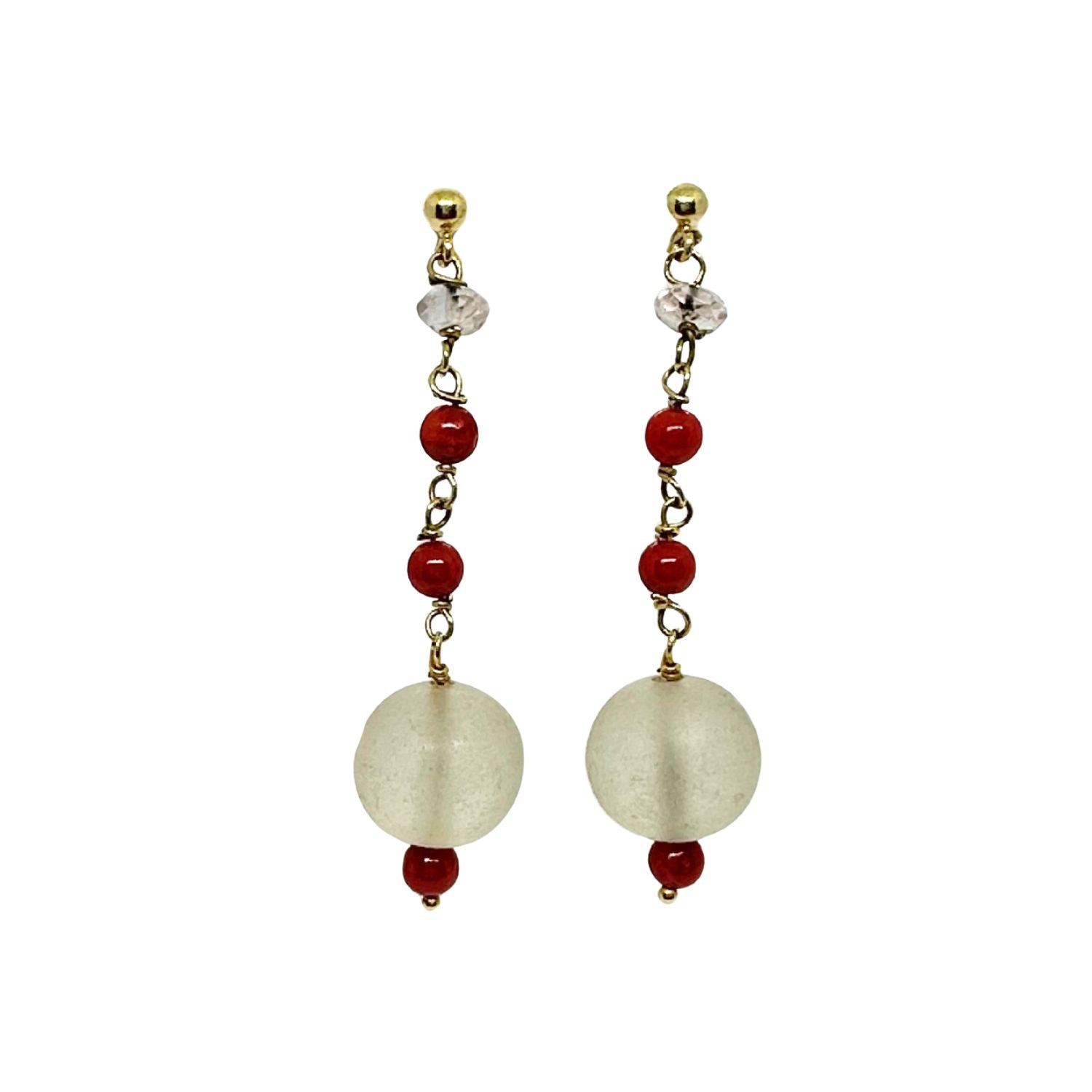 One of a kind 18ct recycled yellow gold dangle earrings with natural coral and quartz – part of the Ancient Relics Collection, handcrafted in Italy by Tamara Gervasio, Tg-Jewellery