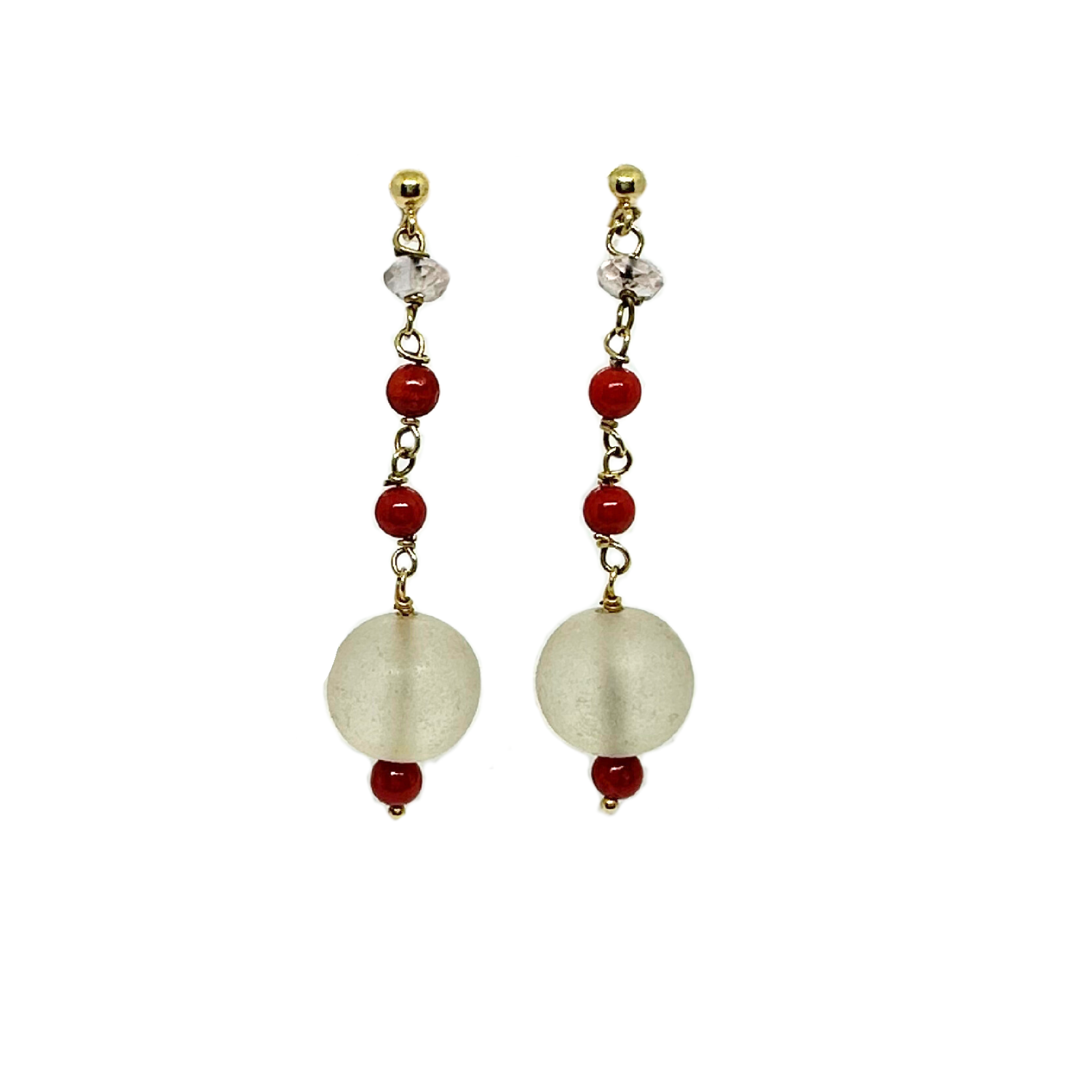 One of a kind 18ct recycled yellow gold dangle earrings with natural coral and quartz – part of the Ancient Relics Collection, handcrafted in Italy by Tamara Gervasio, Tg-Jewellery