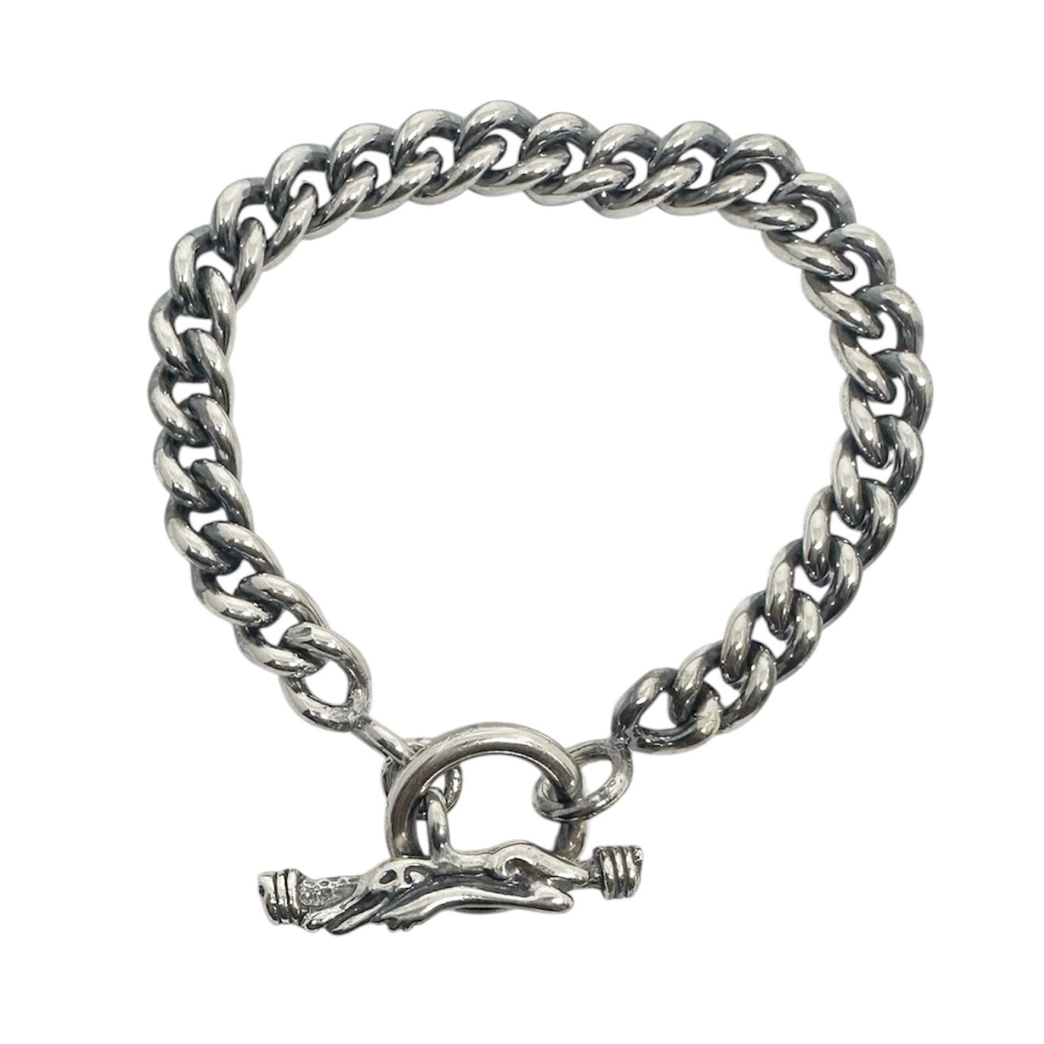 Men's sterling silver 925 curb chain bracelet with Celtic-Crocodile T-bar clasp, closed – handmade by Tg-Jewellery by Tamara Gervasio