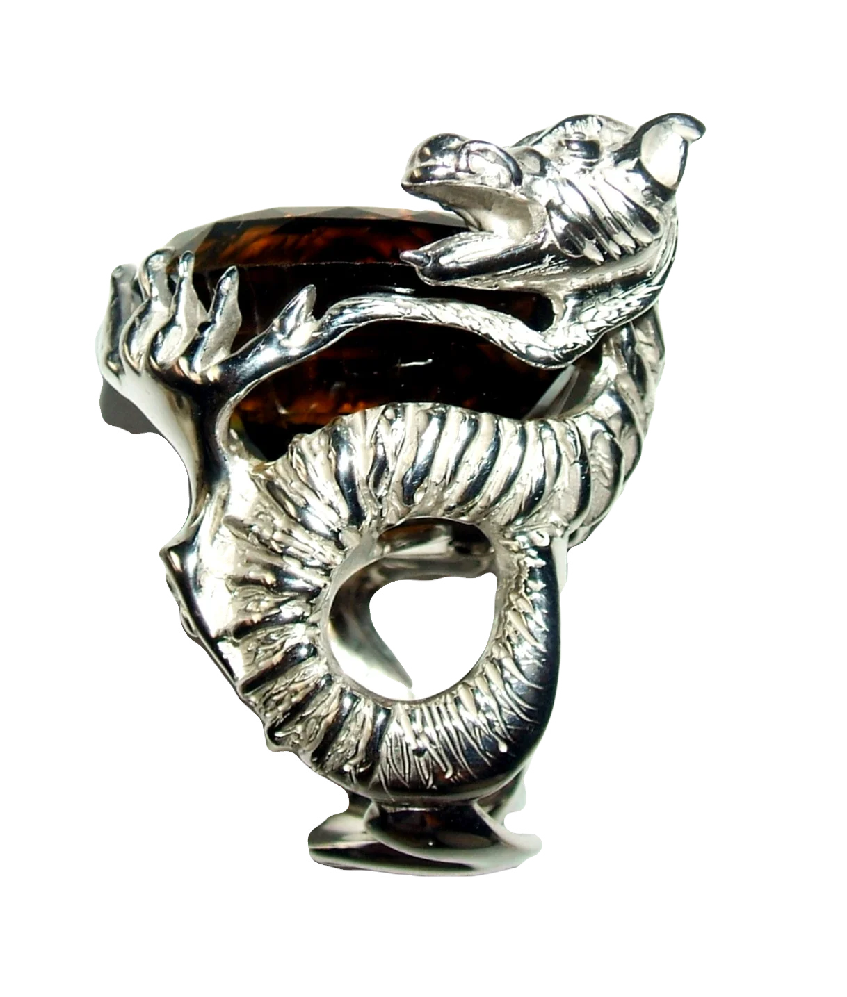 Sterling silver dragon ring sculpted from lost wax carving wrapping around a smoky quarts oval gemstones, Tg-Jewellery by Tamara Gervasio