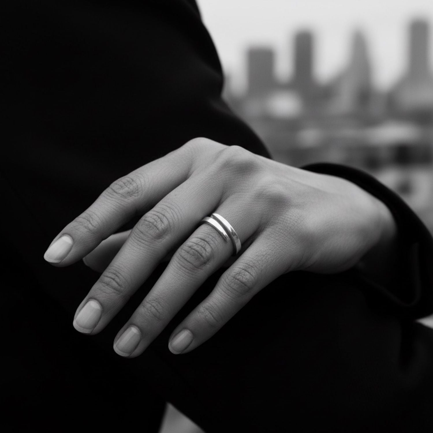 Dynamic Open Band Ring worn – handcrafted sterling silver 925 open band, polished finish, made to order by Tg-Jewellery