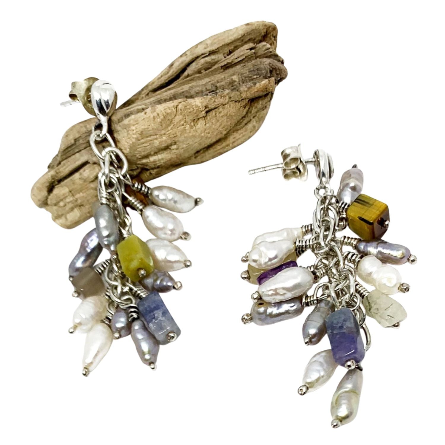 Grappolo Gemstone Drop Earrings – Side View | Pearls, Amethyst, Tiger Eye & Sodalite in Recycled Silver - Tg-Jewellery By Tamara Gervasio
