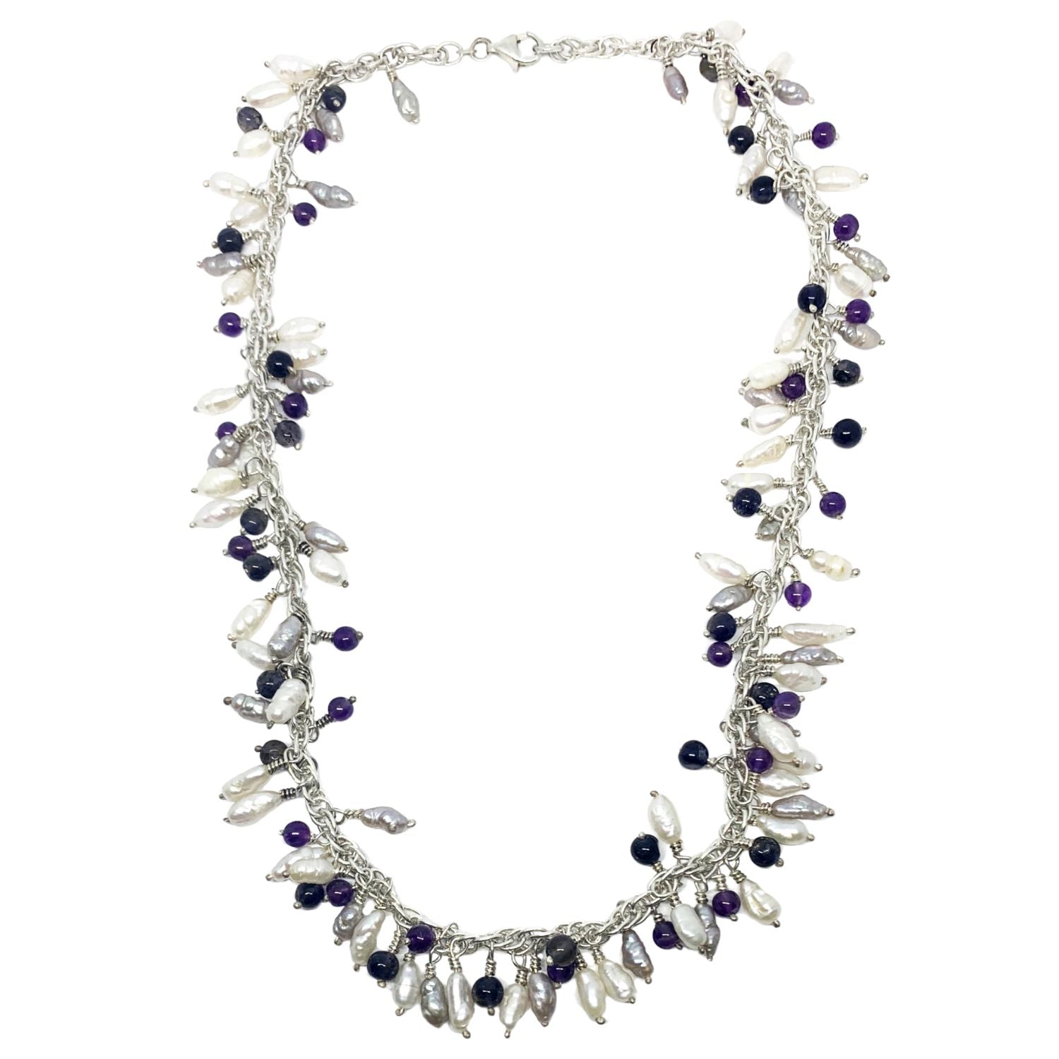 Handcrafted sterling silver Grappolo necklace with freshwater pearls, amethyst and iolite 18.3in - Tg-Jewellery By Tamara Gervasio