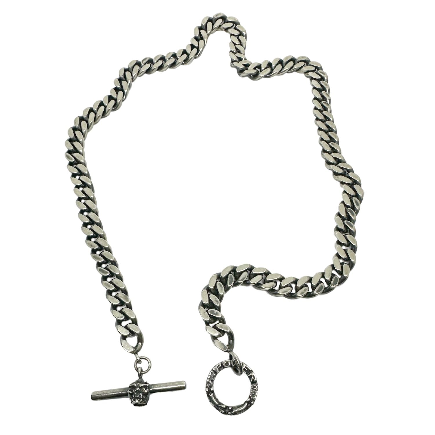 Heavy Curb Chain Necklace in Sterling Silver 925 — Full View — 10mm Wide Curb Chain 60.5cm — Skull T-Bar with Japanese Power Symbol — UK Hallmarked — Handmade by Tamara Gervasio