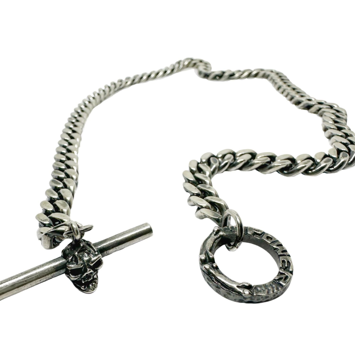 Heavy Curb Chain Necklace in Sterling Silver 925 — Full Length — 60.5cm — Skull T-Bar Clasp with Japanese Power Symbol — Jump Ring with Carved Bones and Power Engraving — UK Hallmark and TG Maker's Mark — Handmade in Cornwall by Tamara Gervasio