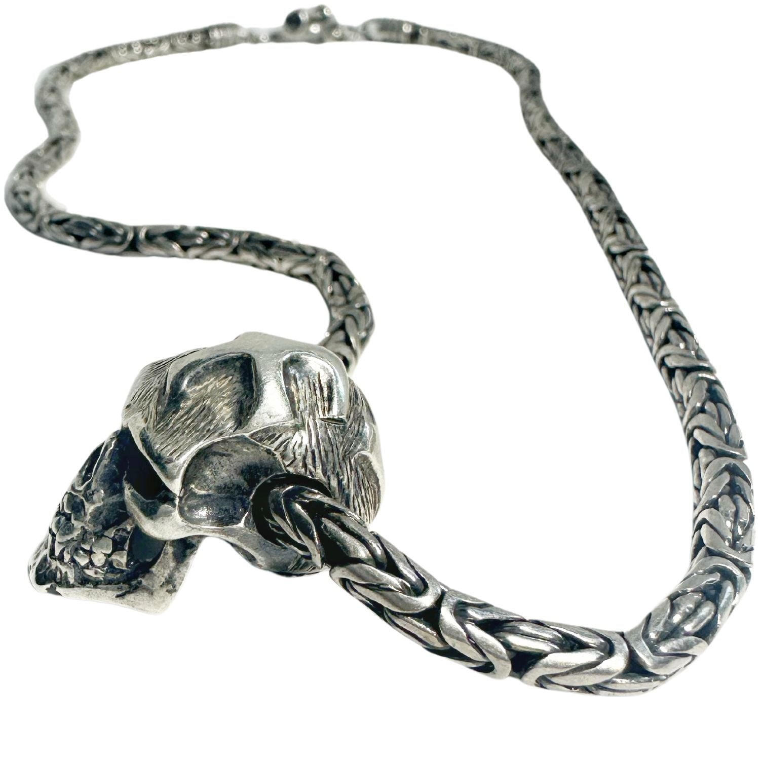 Japanese Good Luck Skull Necklace in Sterling Silver 925 — Close-Up Japanese Good Luck Symbol Engraving — Hand Engraved After Casting — Oxidised and Polished Finish — Handmade by Tamara Gervasio