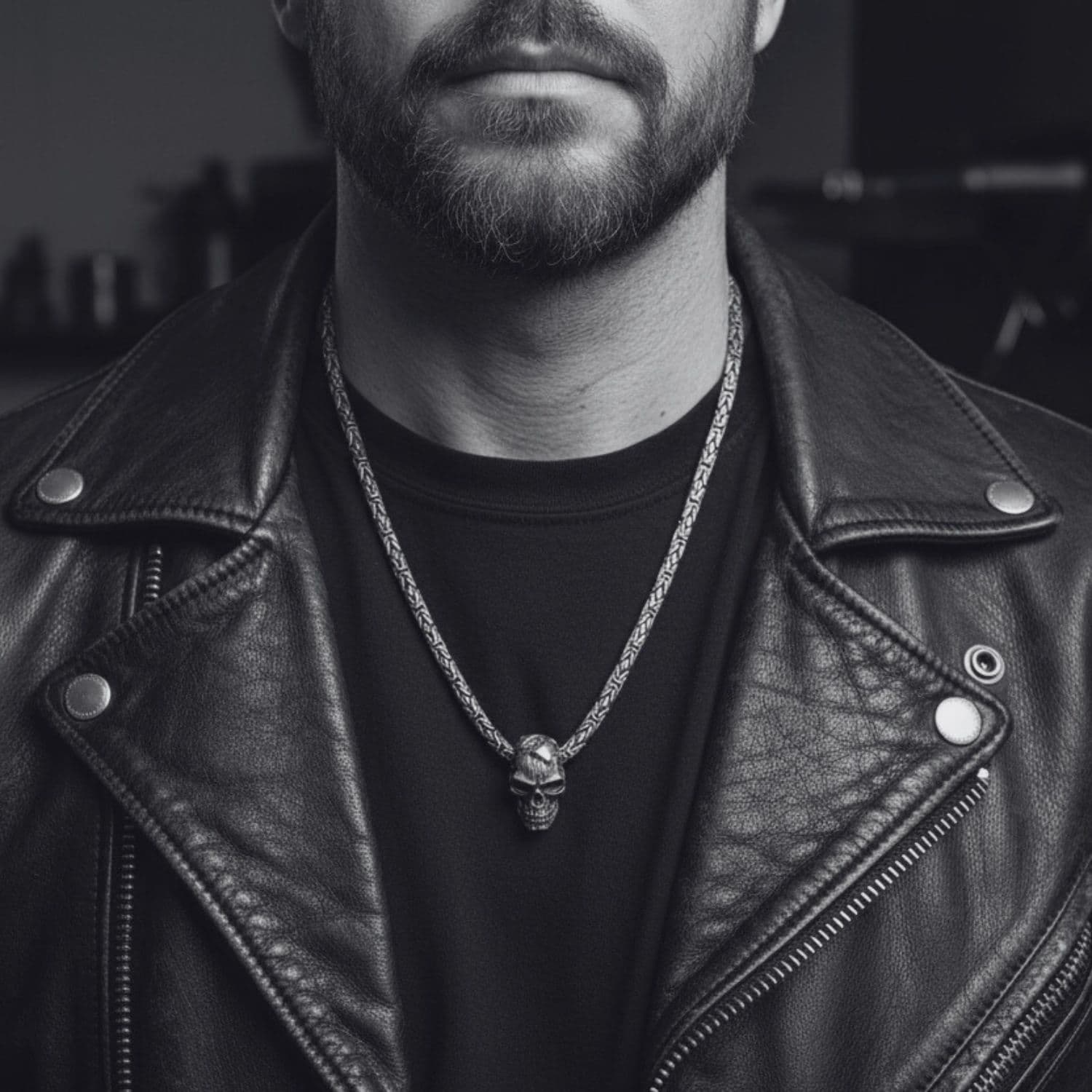 Japanese Power Skull Necklace in Sterling Silver 925 — Worn — Skull Pendant with Hand-Engraved Power Symbol — Flat Byzantine Chain — One of a Kind — Handmade by Tamara Gervasio