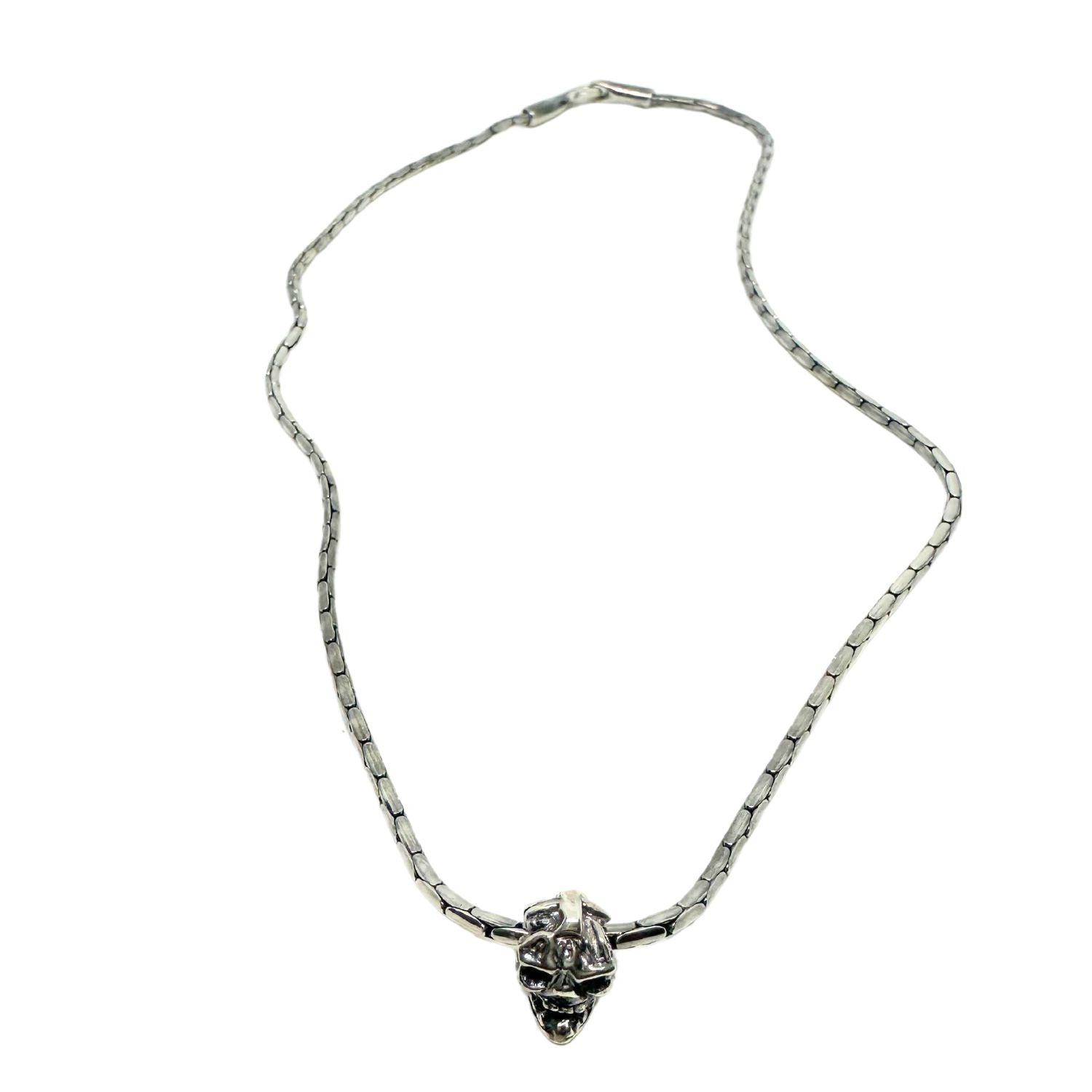 Japanese Power Skull Sliding Pendant Necklace in Sterling Silver 925 — Full Length — 2.4mm Paloma Chain 49cm — UK Hallmark and TG Maker's Mark — Handmade in Cornwall by Tamara Gervasio