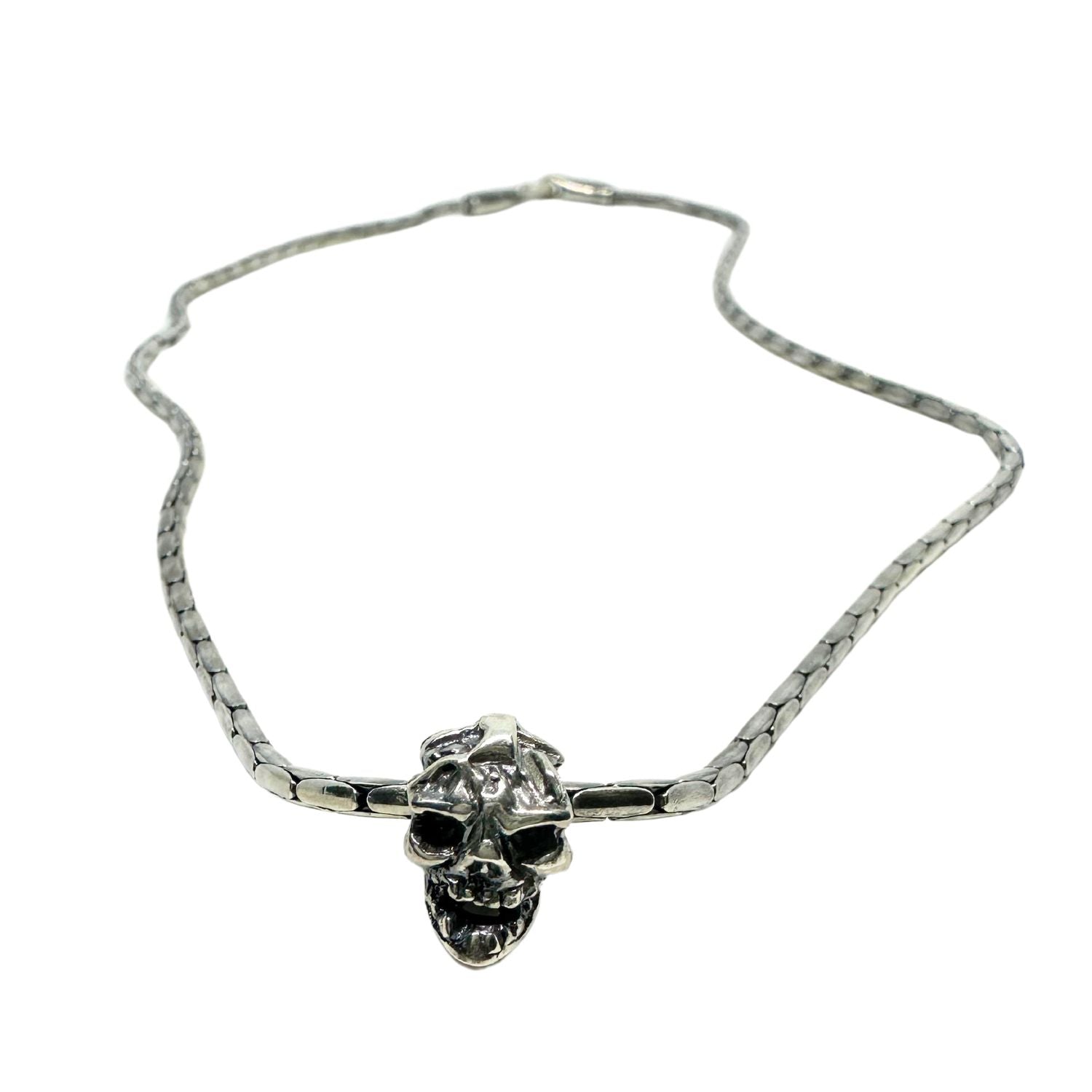 Japanese Power Skull Sliding Pendant Necklace in Sterling Silver 925 — Skull Pendant Close-Up — Japanese Power Symbol Carved in Wax Before Casting — Oxidised and Polished Finish — Handmade by Tamara Gervasio