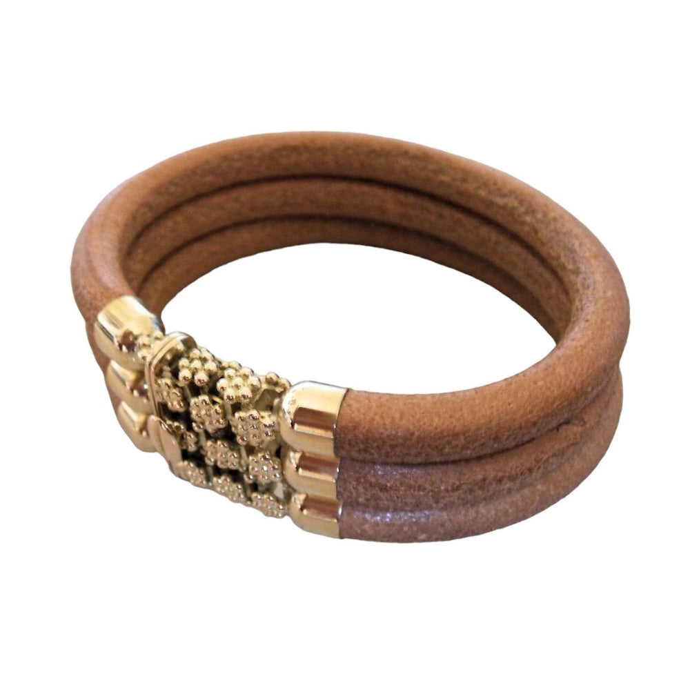 A brown leather wrap bracelet with 18ct yellow gold decorative clasp, Tg-Jewellery by Tamara Gervasio