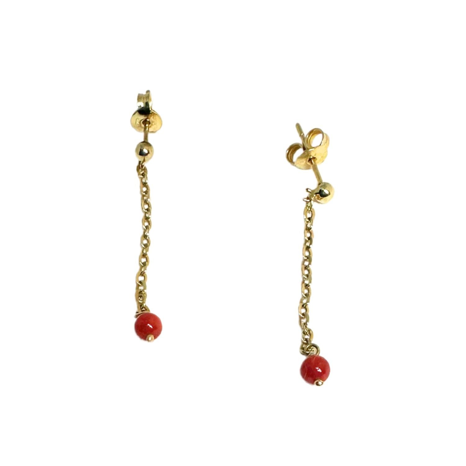 18ct recycled yellow gold dangle earrings with natural Mediterranean coral beads – 750 hallmark, butterfly closure, handcrafted in Italy by Tamara Gervasio, Tg-Jewellery