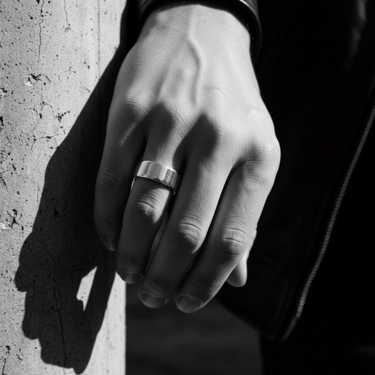 Men's flat sterling silver wedding band styled on hand – TG-Jewellery