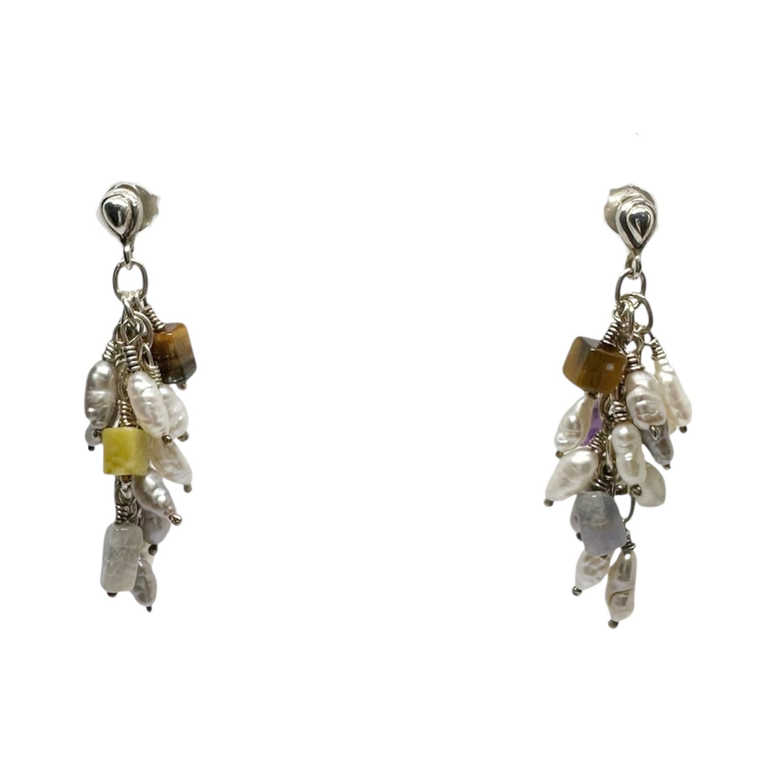 Grappolo Gemstone Drop Earrings with Pearls, Amethyst, Tiger Eye & Sodalite | Recycle Sterling Silver