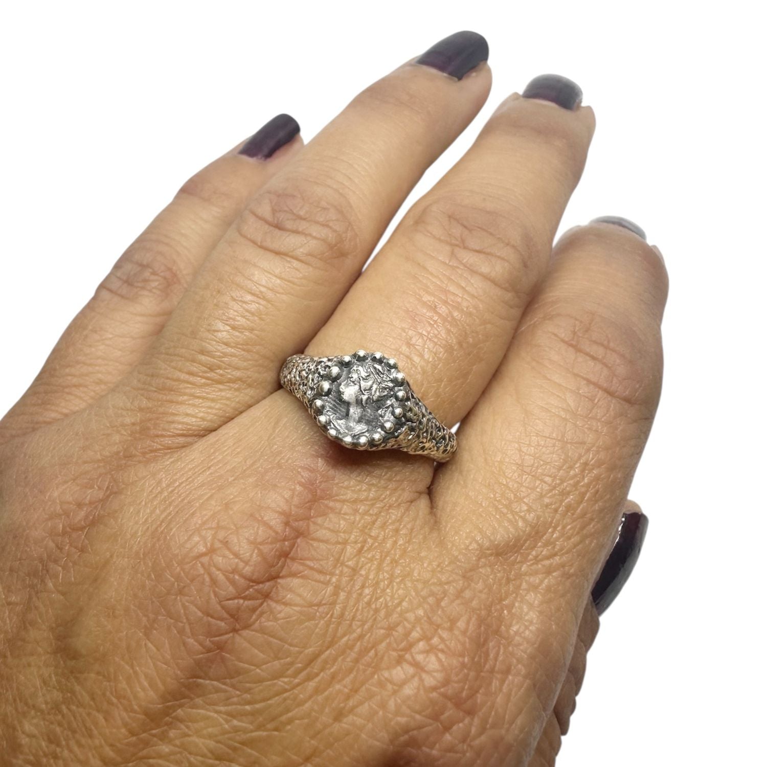 One of a Kind Cameo Muse Ring in Sterling Silver 925 — Textured Band Detail — Handmade by Tamara Gervasio