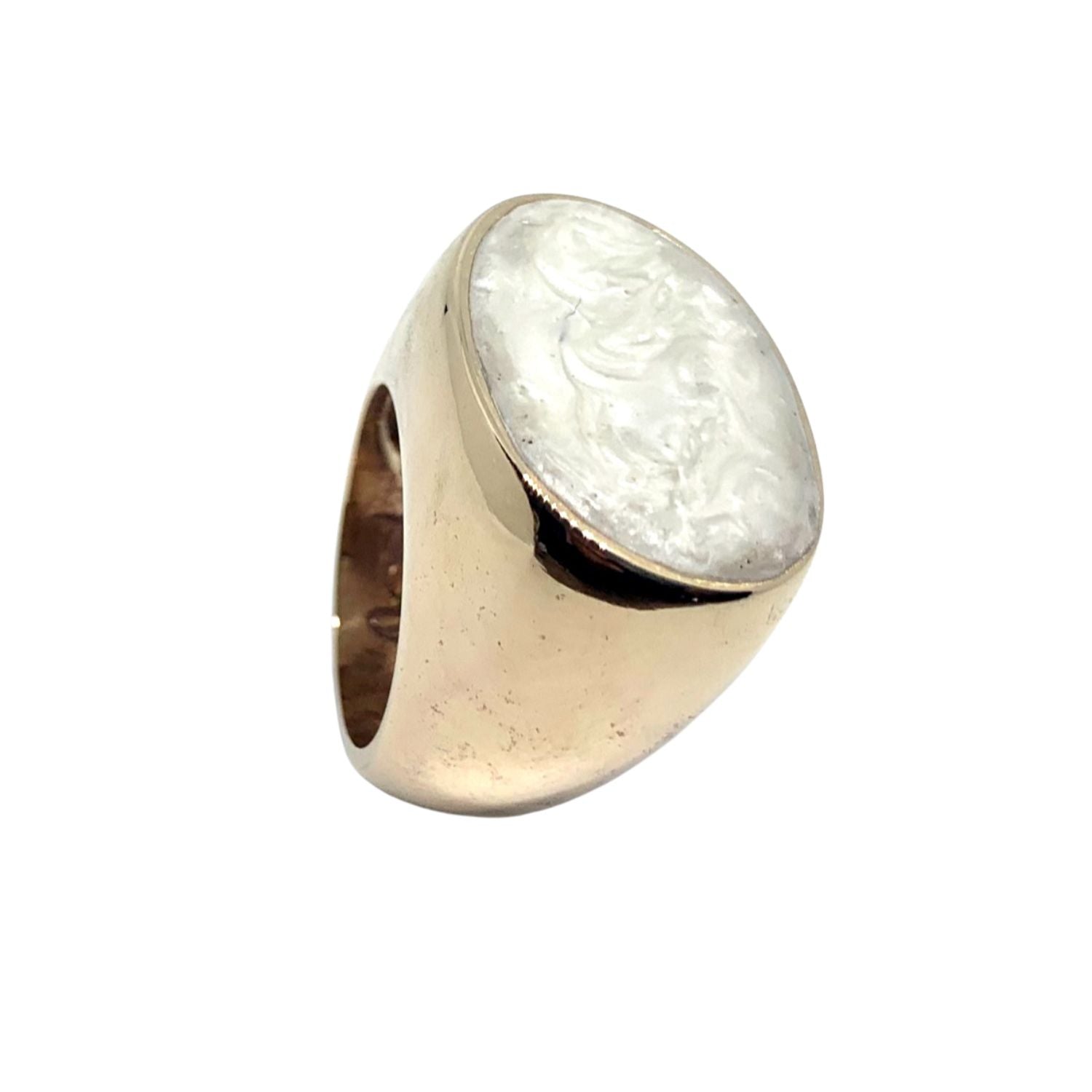 One of a Kind Cocktail Ring in Bronze with Mother of Pearl Ceramic Enamel — Full Ring View — Handmade by Tamara Gervasio