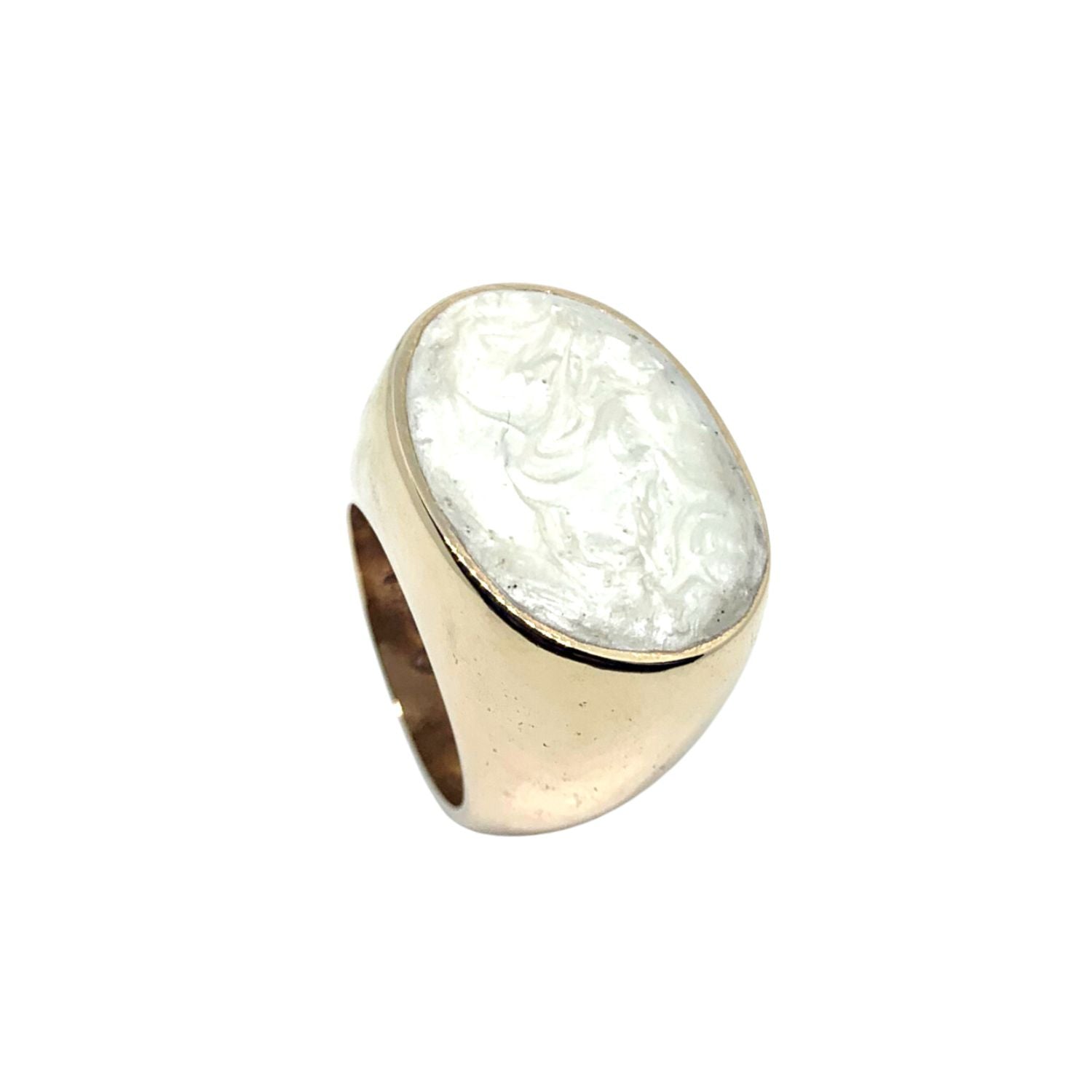 One of a Kind Cocktail Ring in Bronze with Mother of Pearl Ceramic Enamel — Front View — Handmade by Tamara Gervasio