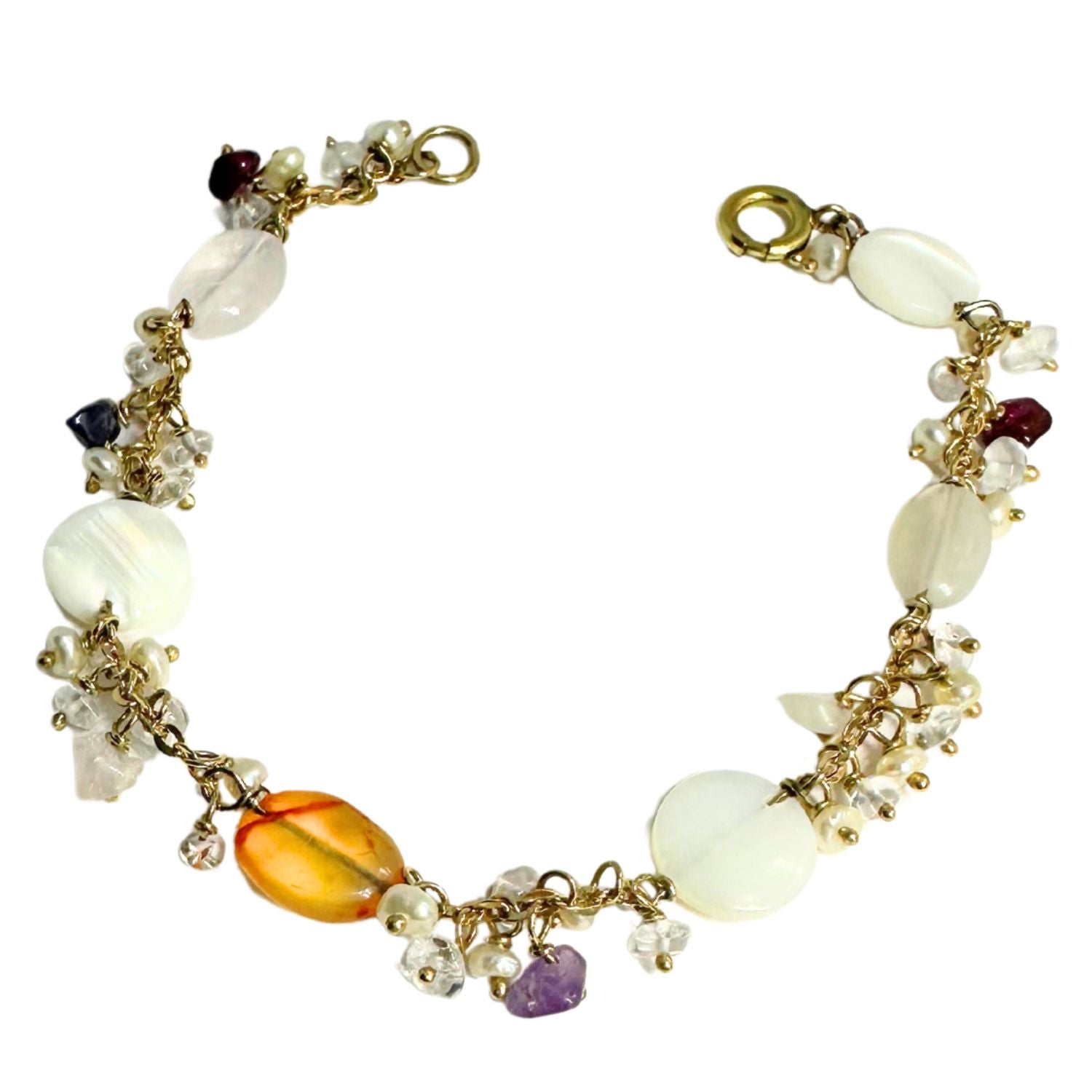 One of a kind 18ct recycled yellow gold bracelet with natural pearls, amethyst, carnelian, garnet, peridot and quartz – Italian hallmarked, handcrafted by Tamara Gervasio, Tg-Jewellery