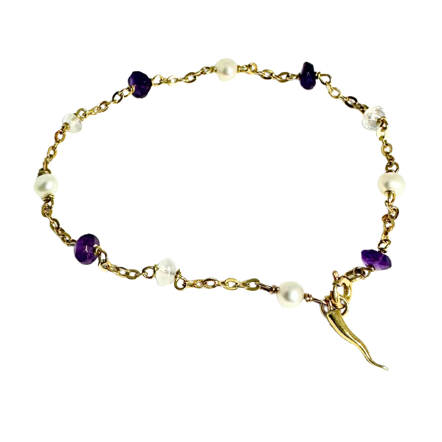 One of a kind 18ct recycled yellow gold bracelet with natural pearls, quartz and amethyst – dangle Horn charm, Italian hallmarked, handcrafted by Tamara Gervasio, Tg-Jewellery