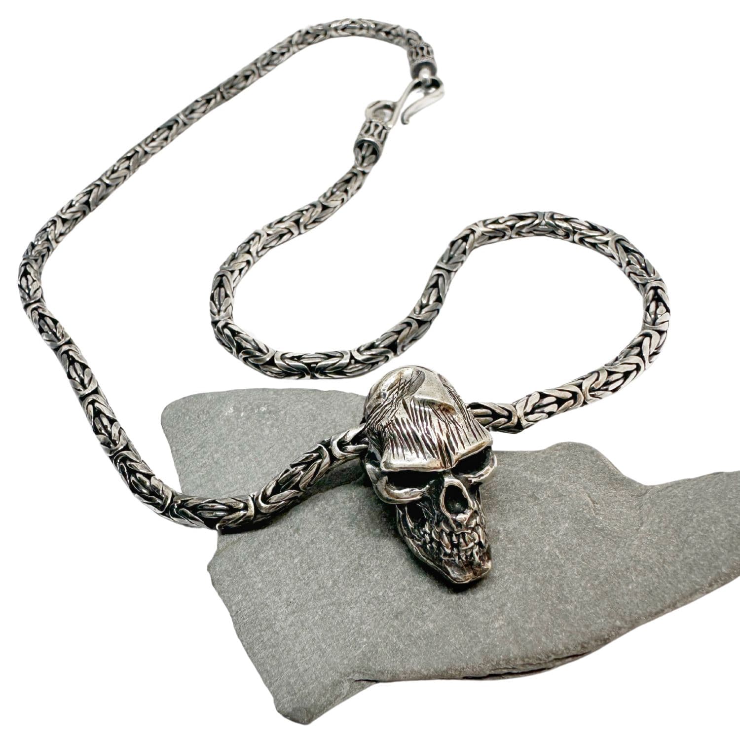 Japanese Power Skull Necklace in Sterling Silver 925 — Skull Pendant on Flat Byzantine Chain — Oxidised and Polished Finish — Lost Wax Cast — Handmade by Tamara Gervasio