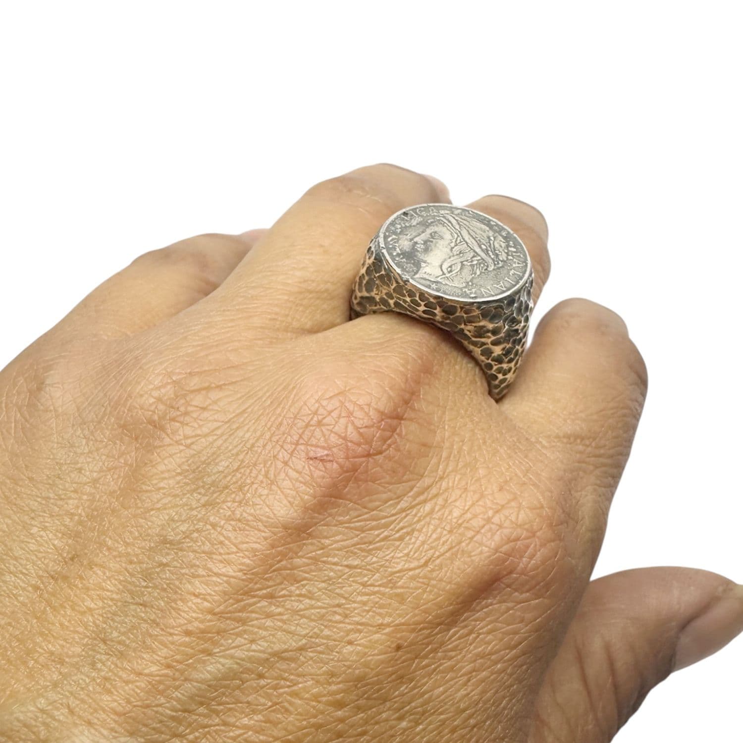 Roman Lira Coin Signet Ring in Sterling Silver 925 — Lira Coin Close-Up — Handmade by Tamara Gervasio