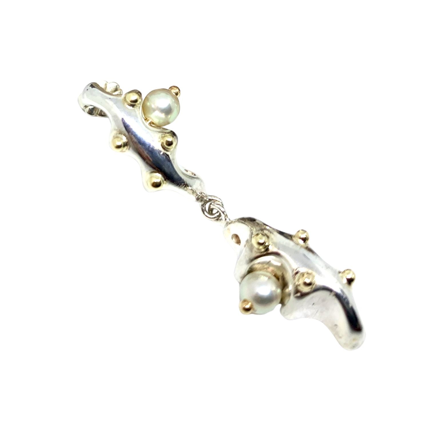 Sea Slug Drop Earrings in sterling silver 925 with freshwater pearls and 18ct yellow gold – handmade by Tamara Gervasio, Cornwall
