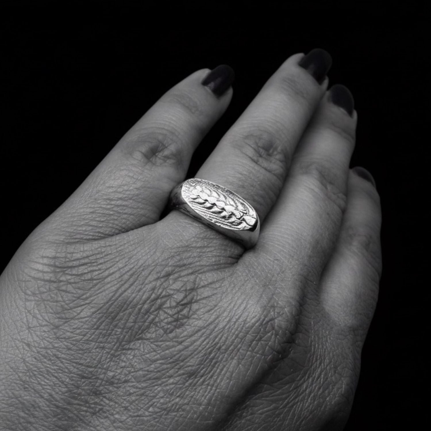 One of a Kind Spiga di Grano Signet Ring in Sterling Silver 925 — Worn on Hand — Handmade by Tamara Gervasio