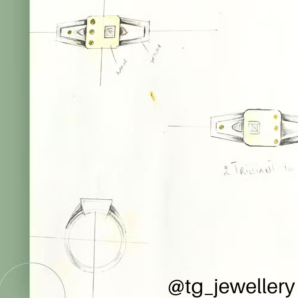 A sketch-style technical drawing showing multiple views of a Bespoke ring in Platinum and gold with diamonds, including top-down and side perspectives. Tg-jewellery