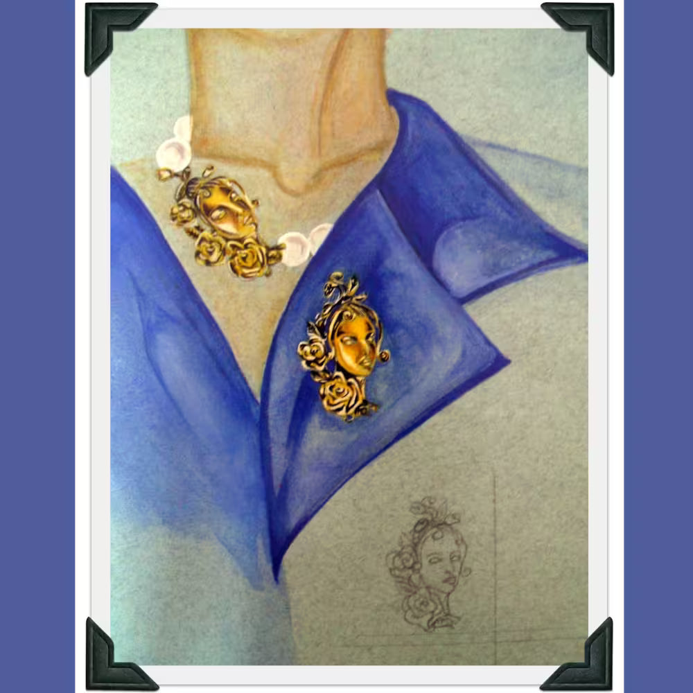 Sketch A vintage-style cameo design featuring gold brooches with classical face motifs and pearls necklace Tg-Jewellery collections