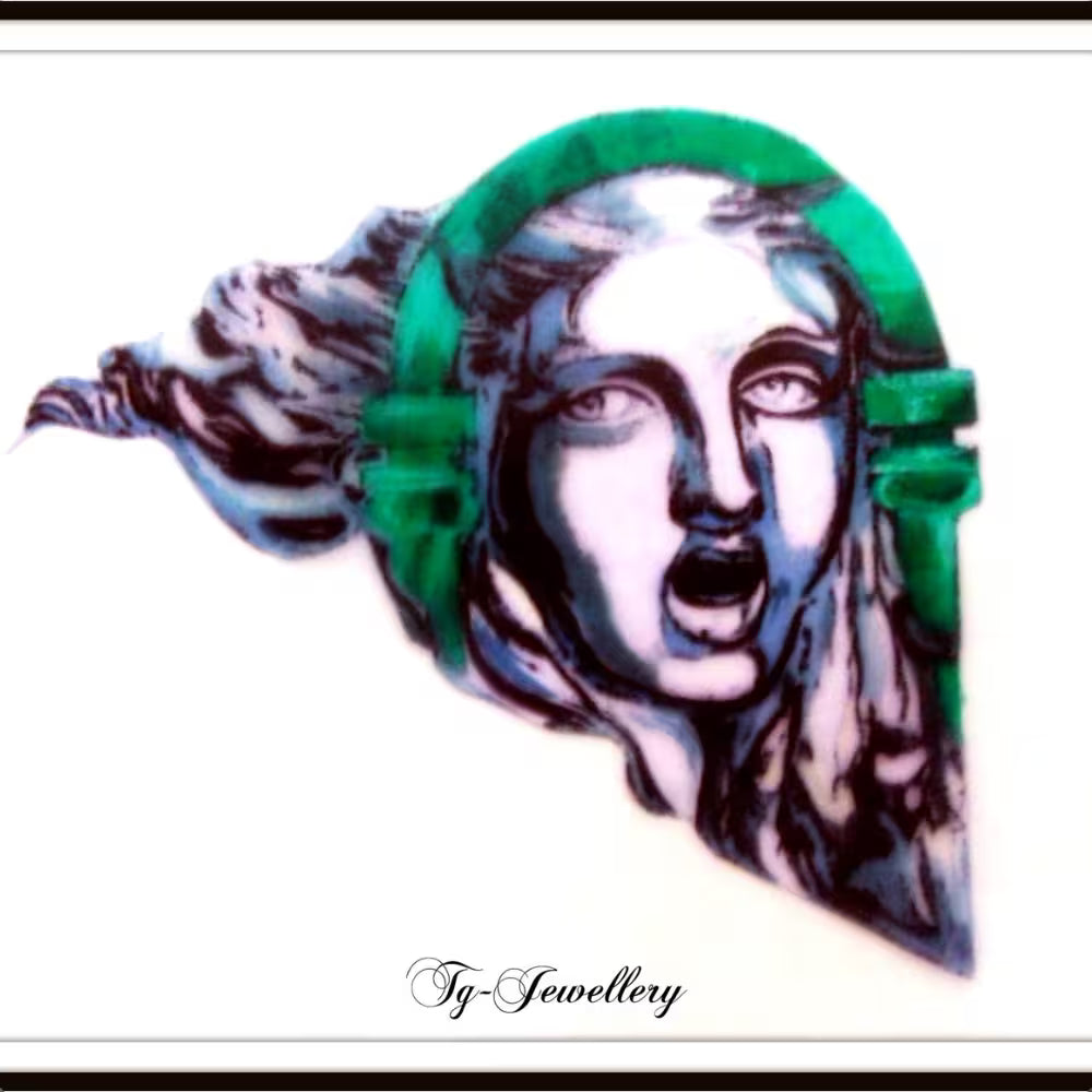 Sketch brooch featuring Dafne face with flowing hair with malachite arch gemstones. Inspired by Canova sculpture. Tg-jewellery collection
