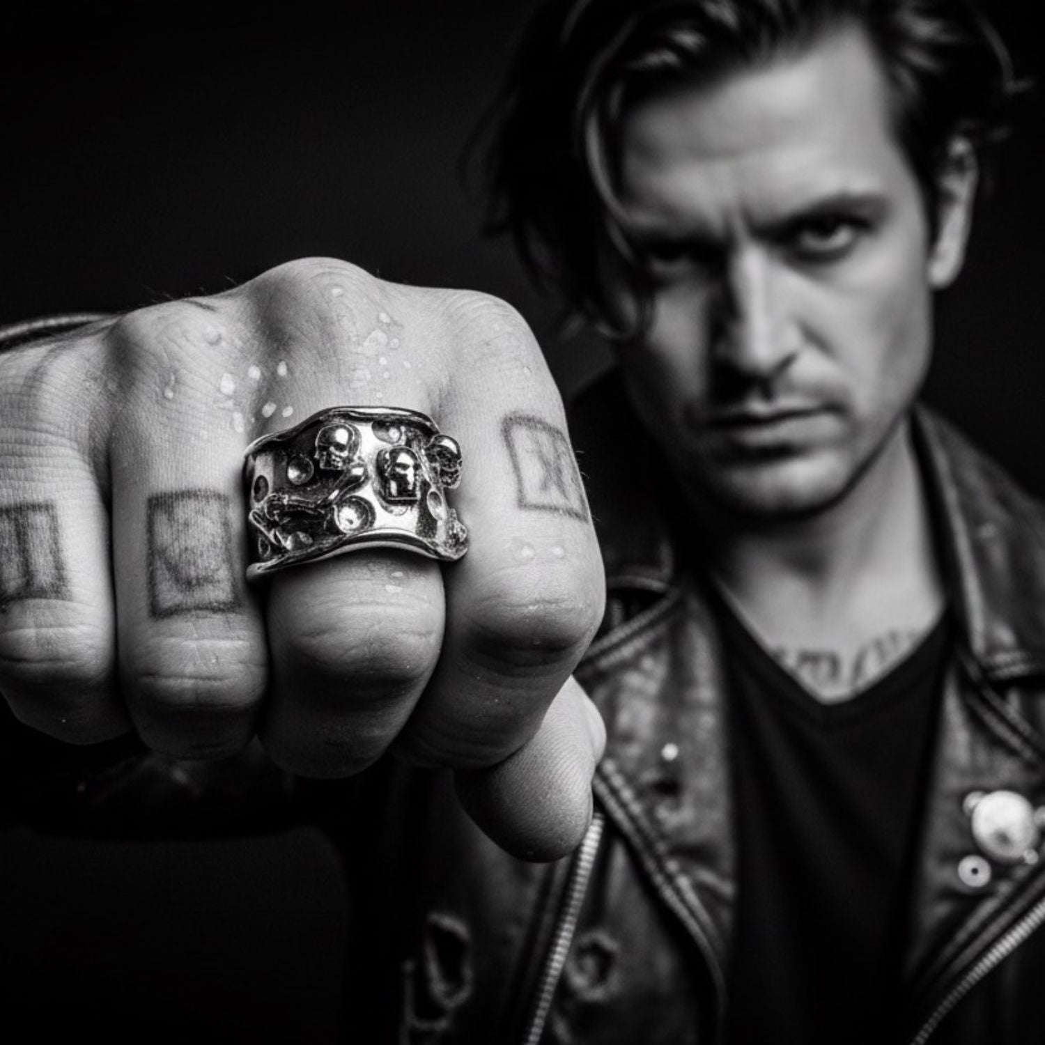 Sterling silver 925 skull face statement ring worn – bold gothic ring handcrafted in Cornwall by Tamara Gervasio, Tg-Jewellery