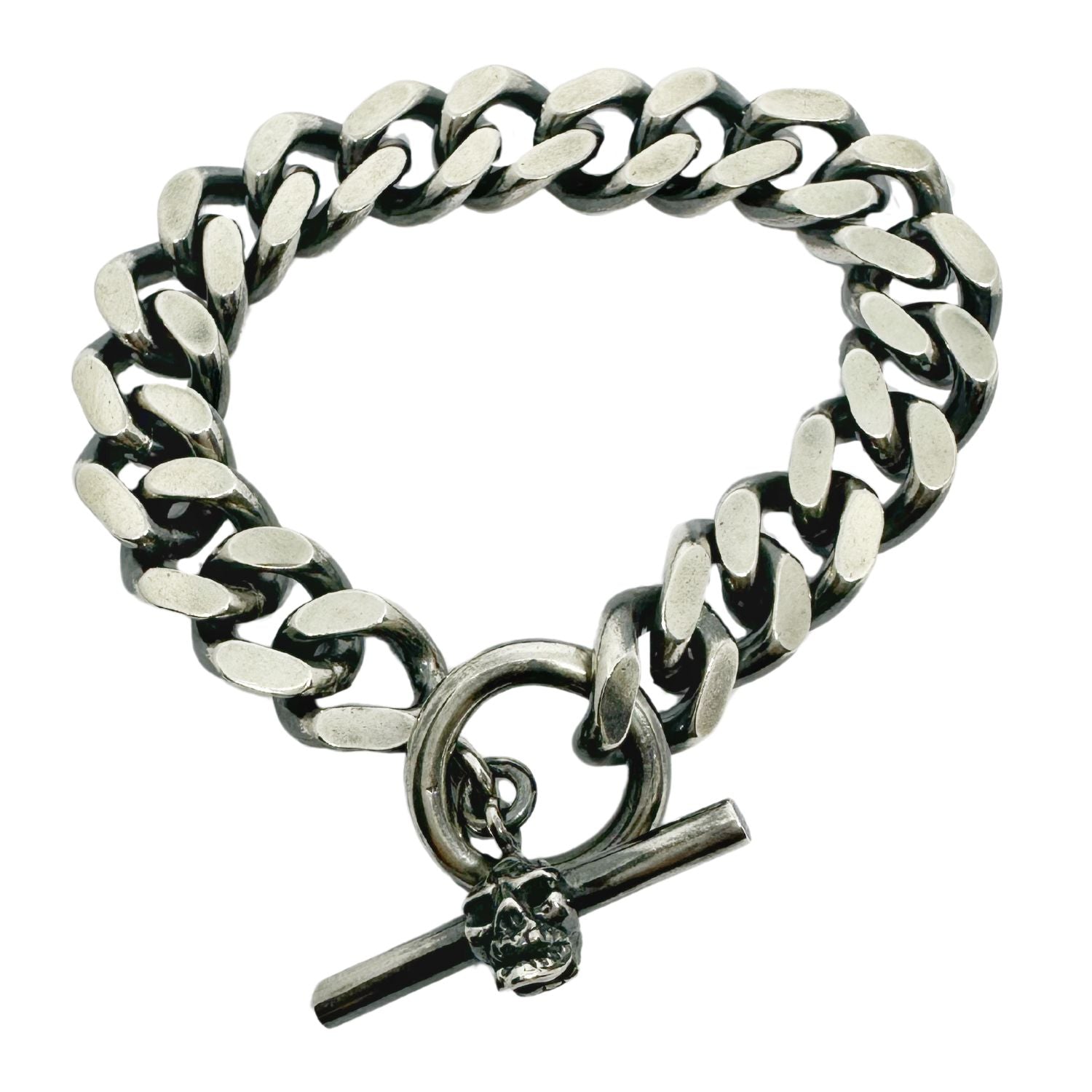 Skull Heavy Curb Chain Bracelet in Sterling Silver 925 — Full View — 15mm Wide Curb Chain — Skull T-Bar with Japanese Power Symbol Carved in Wax — UK Hallmarked — Handmade by Tamara Gervasio