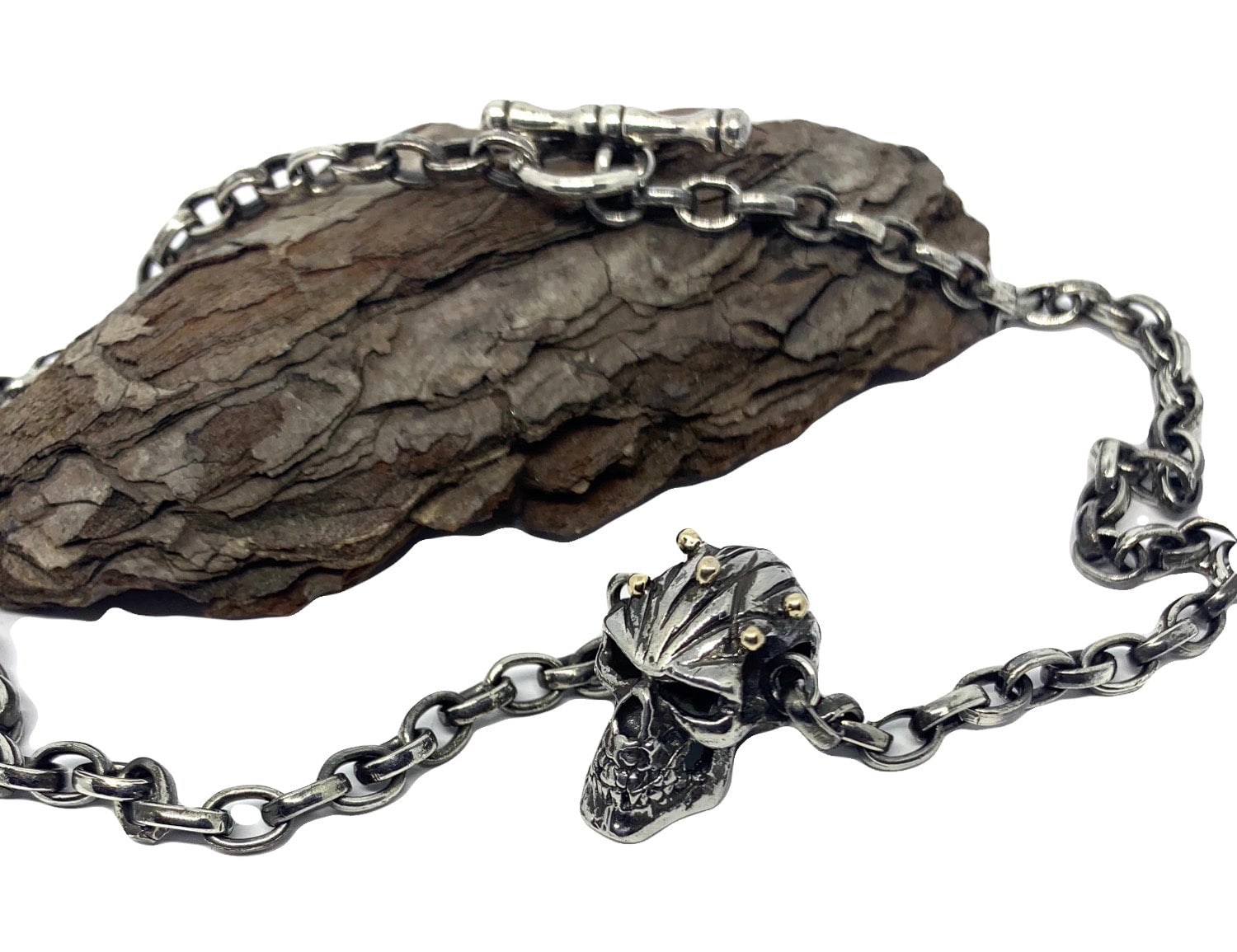 Skull Necklace in Sterling Silver 925 — 18ct Gold Ball Accents and Engraved Line Detail — UK Hallmark and TG Maker's Mark — Archive Piece — Handmade in Cornwall by Tamara Gervasio