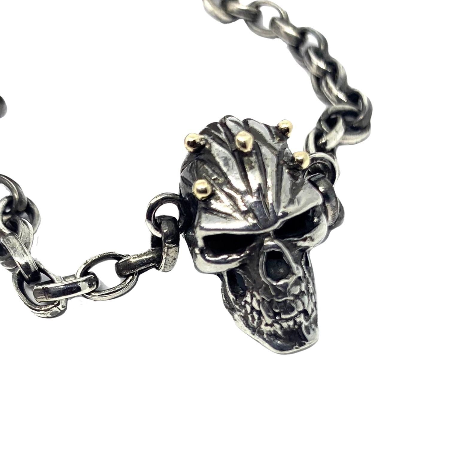 Skull Necklace in Sterling Silver 925 with 18ct Yellow Gold Ball Accents — Full View — 42.1g — 5mm Chain 45cm — Archive Piece — Chosen by Billy Idol as a Gift — Handmade by Tamara Gervasio