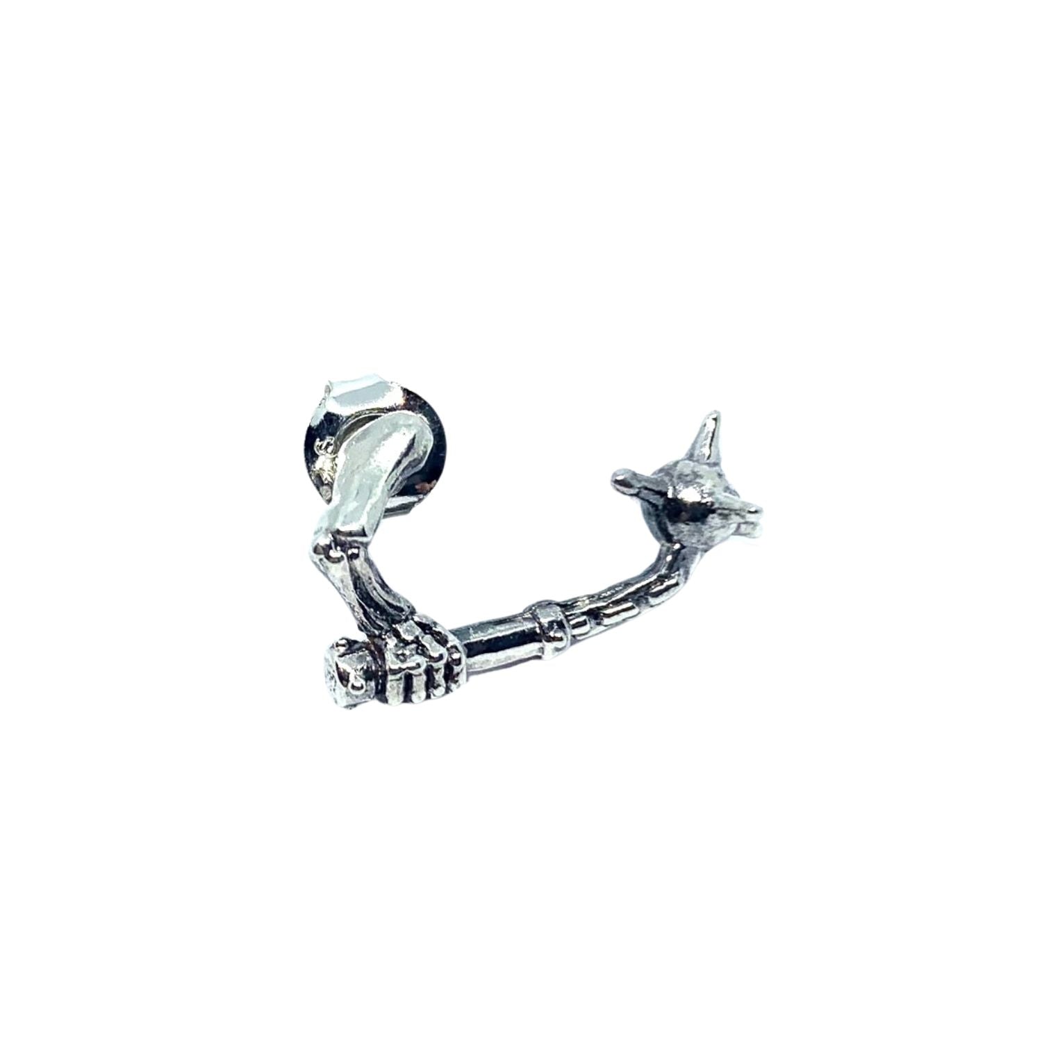Skull Ninja Chigiriki Solo Stud Earring in Sterling Silver 925 — Front View — Polished and Oxidised Finish — H.R. Giger Inspired — Handmade by Tamara Gervasio
