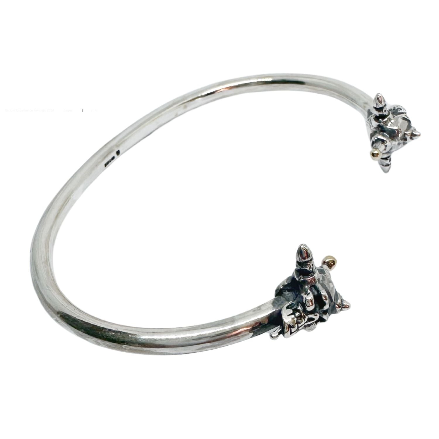 Punk Skull Rigid Bangle in Recycled Sterling Silver 925 — Full View — Two Hand-Carved Punk Skull Heads with Brass Ball Finials — One of a Kind — Handmade by Tamara Gervasio