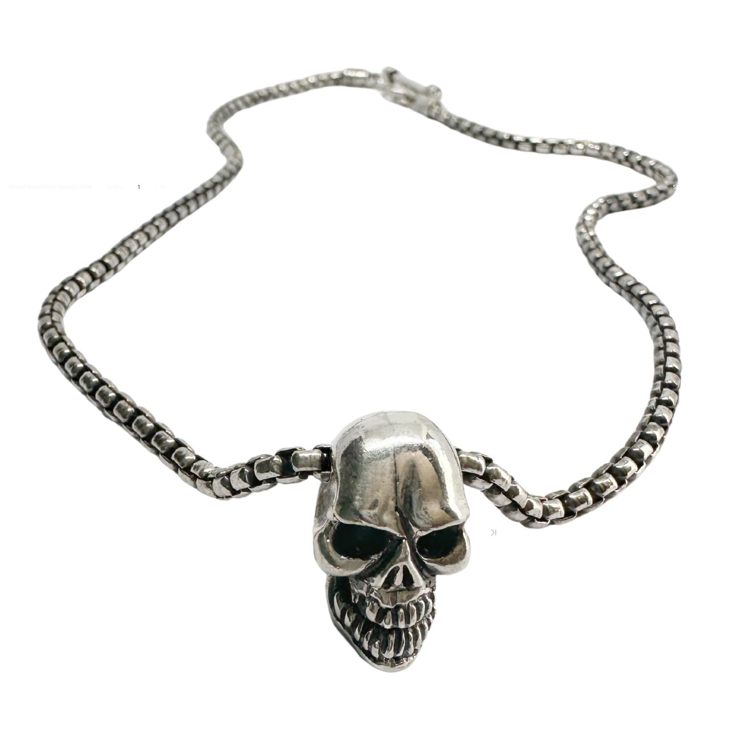Skull Sliding Pendant Necklace in Sterling Silver 925 — Full View — Skull Pendant Slides Freely on 3.4mm Box Chain — T-Bar Clasp — Italian 925 Hallmark — Handmade by Tamara Gervasio