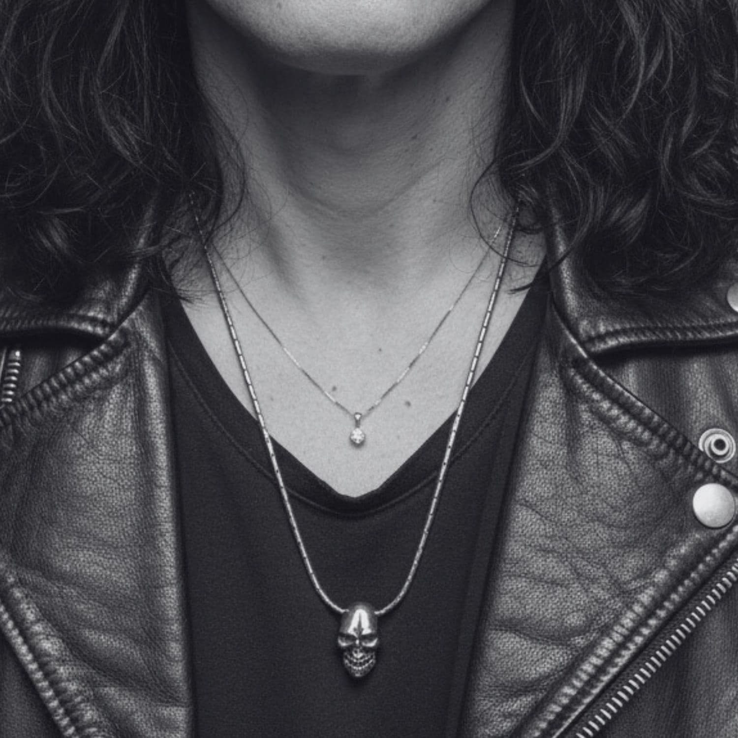 Skull Sliding Pendant Necklace in Sterling Silver 925 — Worn — Sliding Skull Pendant on Paloma Chain — T-Bar Clasp — Handmade by Tamara Gervasio