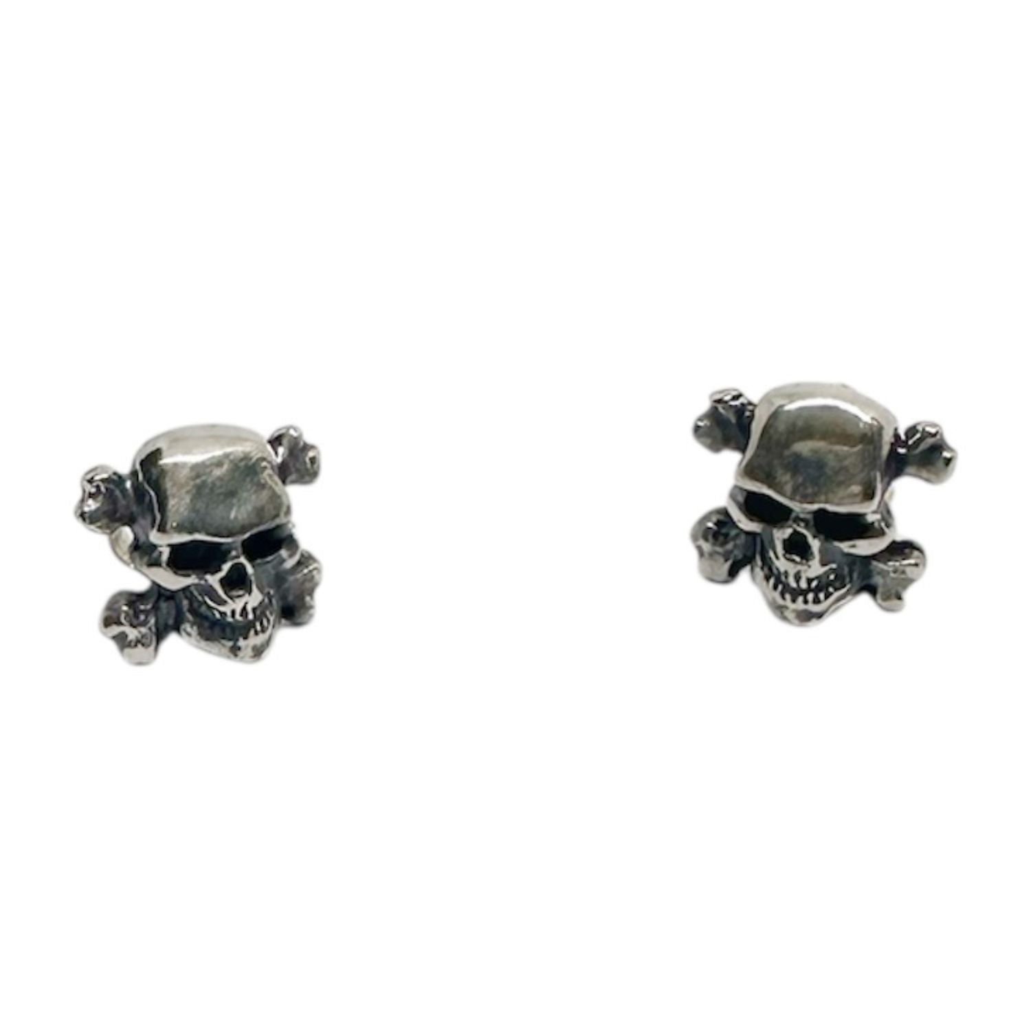 Skull Stud Earrings in Sterling Silver 925 — Front View Pair — Polished and Oxidised Finish — Handmade by Tamara Gervasio