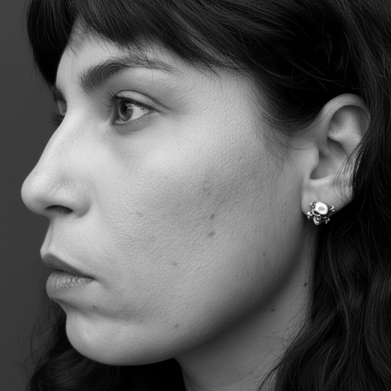 Skull Stud Earrings in Sterling Silver 925 — Worn — Polished and Oxidised Finish — Unisex — Handmade by Tamara Gervasio